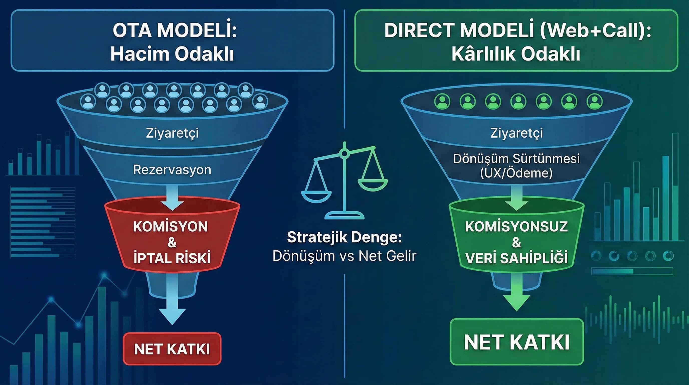 Direct ve OTA farkını dönüşüm komisyon net gelir ile açıklayan görsel