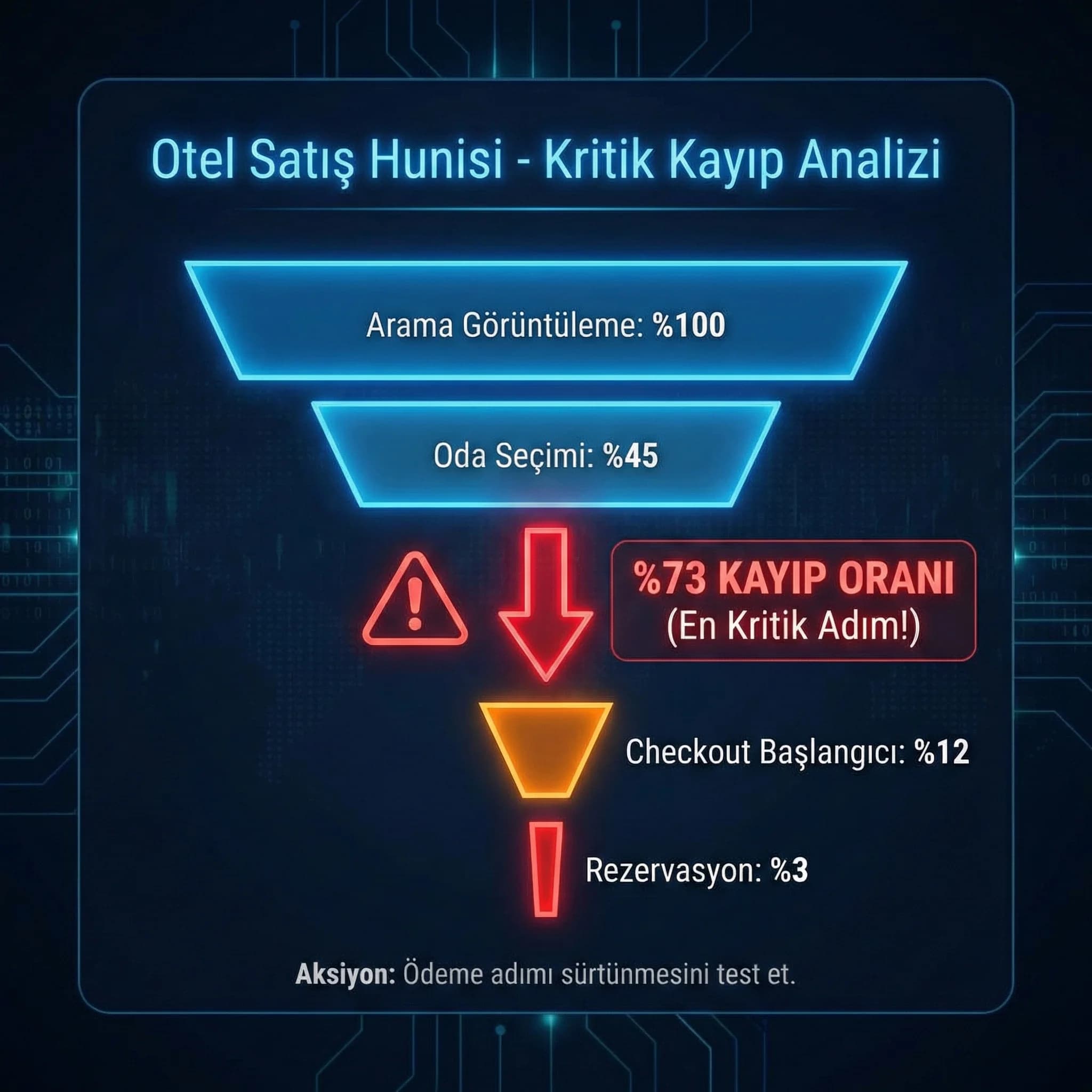 Funnel exploration kayıp adımlarını özetleyen otel KPI kartı