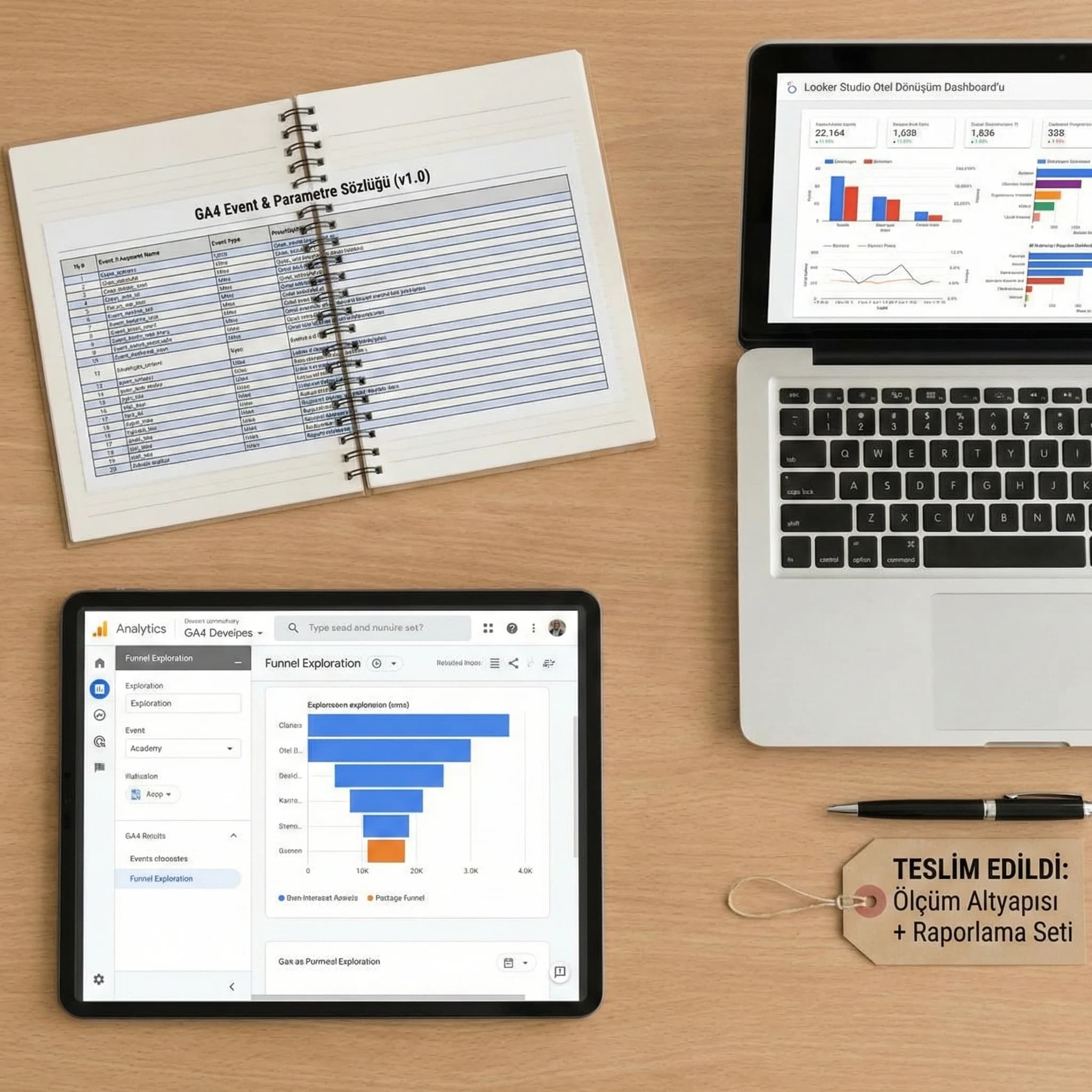 GA4 event şablonu ve dashboard teslimlerini gösteren kanıt kartı