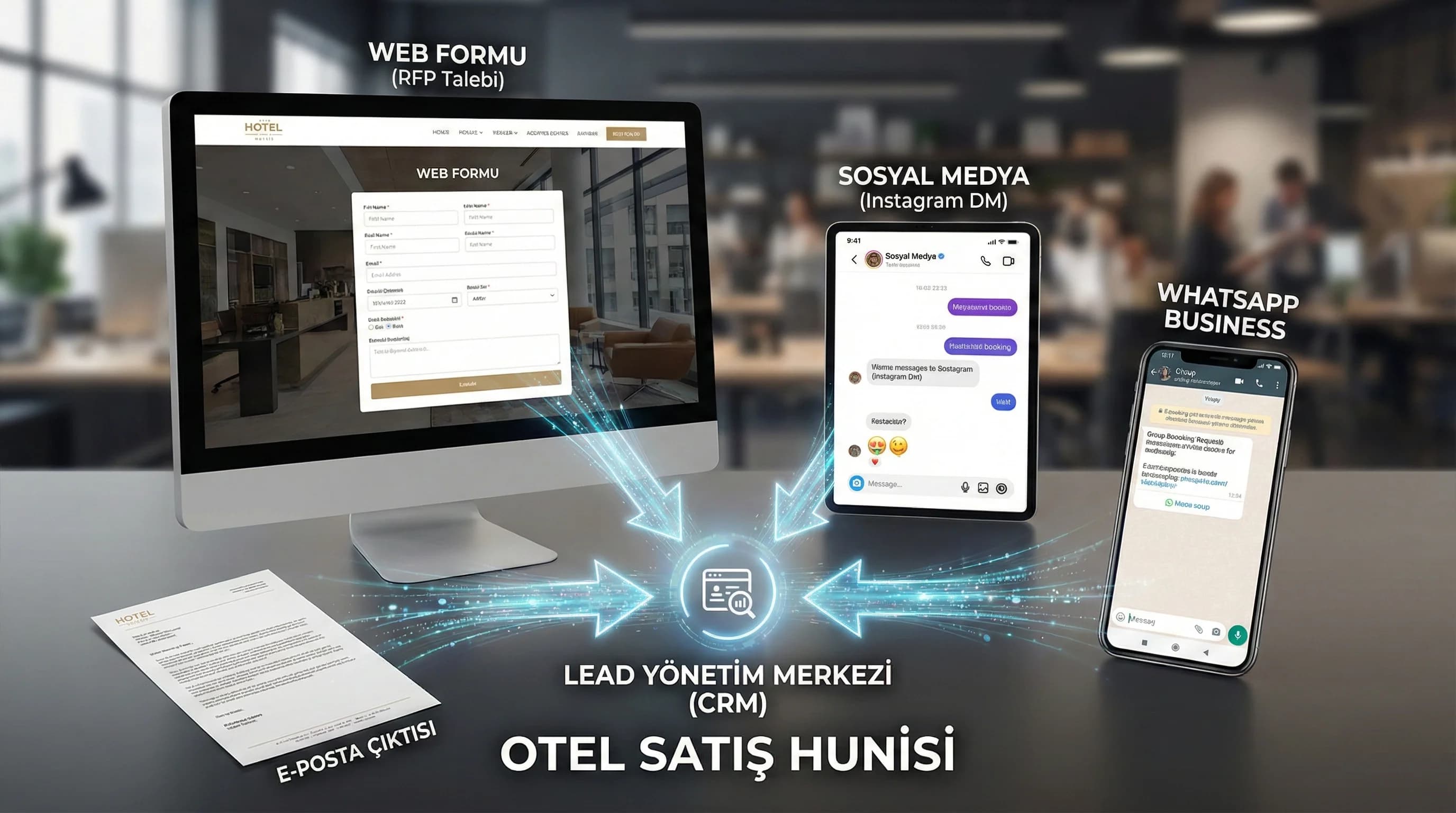 Lead kaynaklarını teklif ve rezervasyona bağlayan otel bağlam görseli