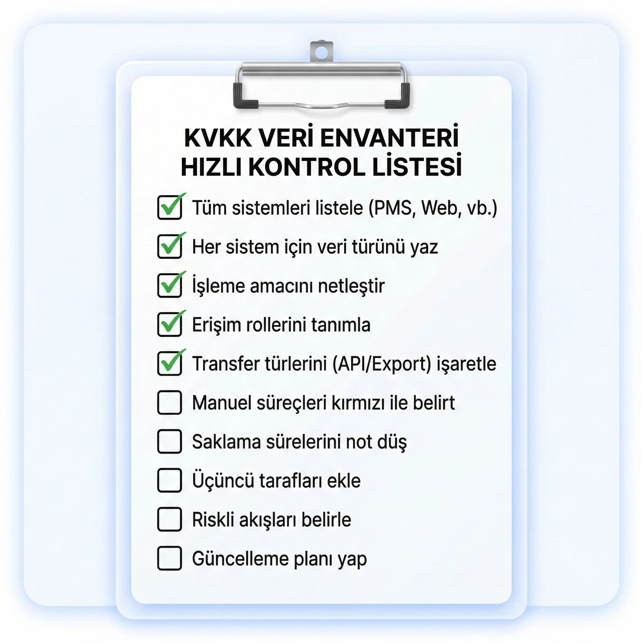 KVKK veri envanteri için hızlı kontrol listesi, otel ekipleri için uygulanabilir