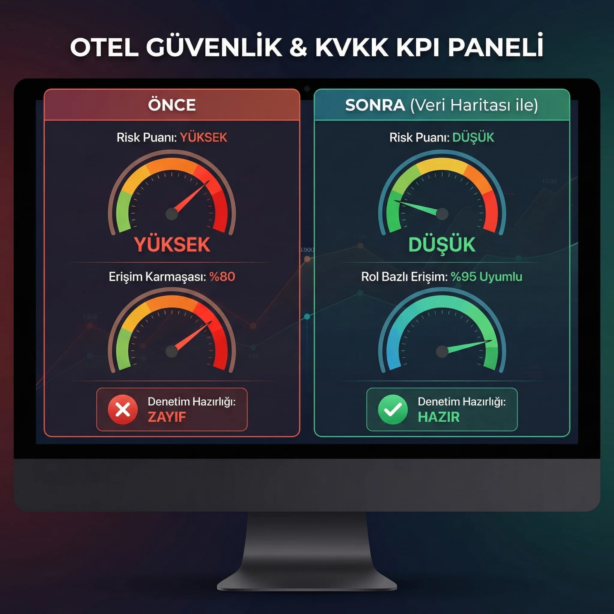 Erişim, saklama ve risk KPI’ları; önce-sonra karşılaştırmalı otel güvenlik paneli