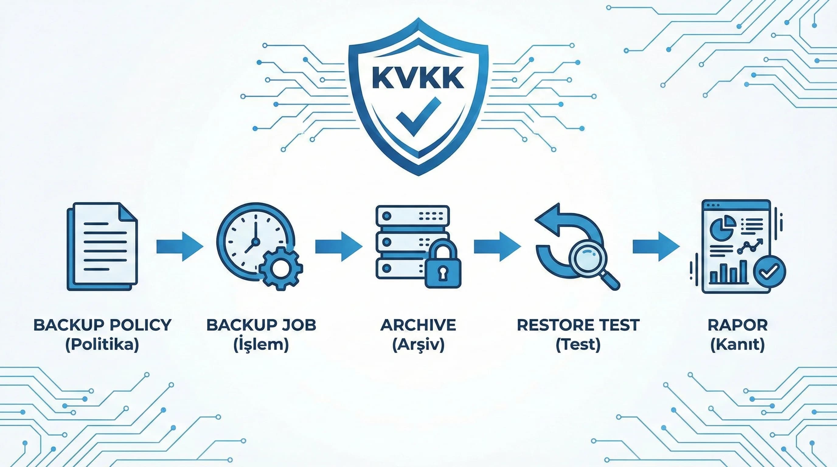 BackupPolicy ve restore test raporu akışı, denetimde kanıt üretir