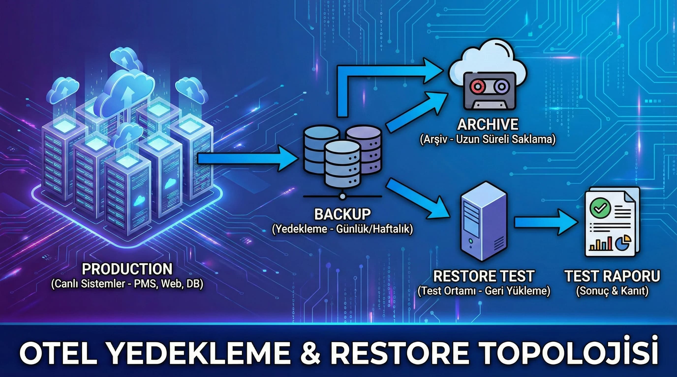 Production → backup/archive → restore test topolojisi, otel sürekliliğini açıklar