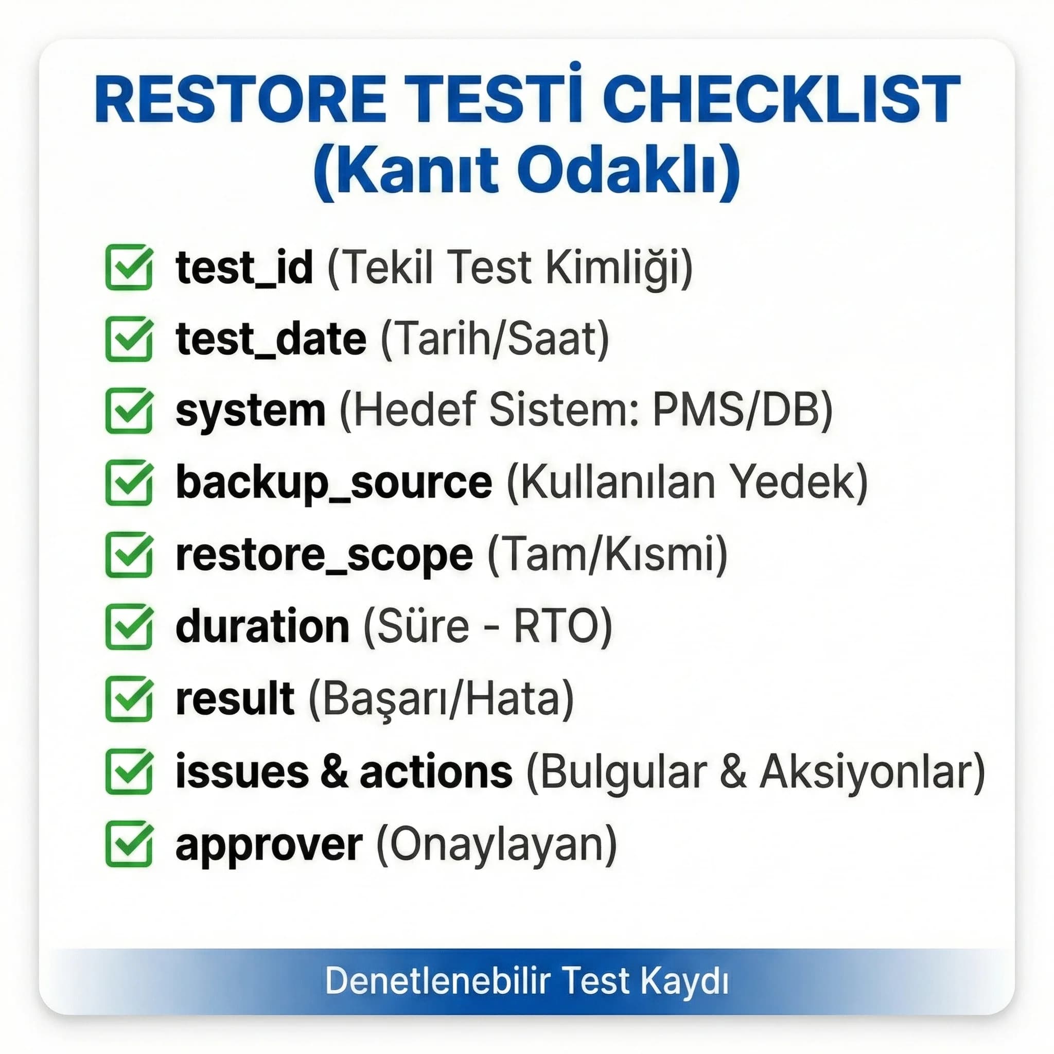Restore testi checklist’i, test adımlarını ve kanıt alanlarını standardize eder