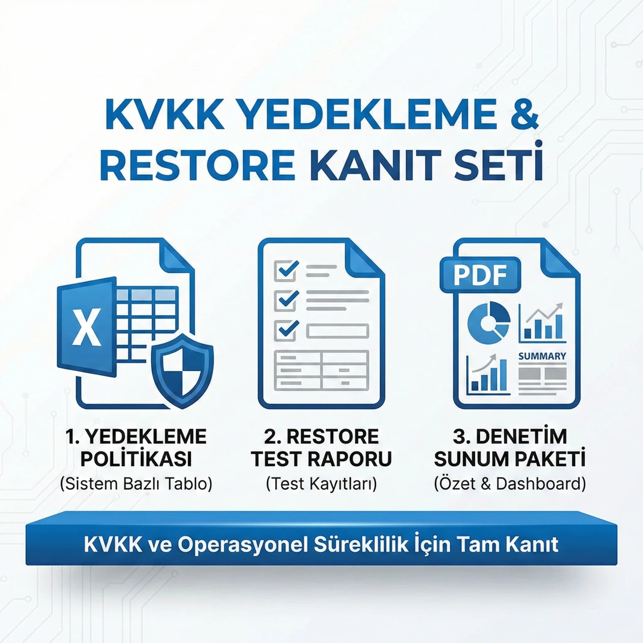 Yedekleme politikası, restore test raporu ve denetim sunum paketi çıktıları