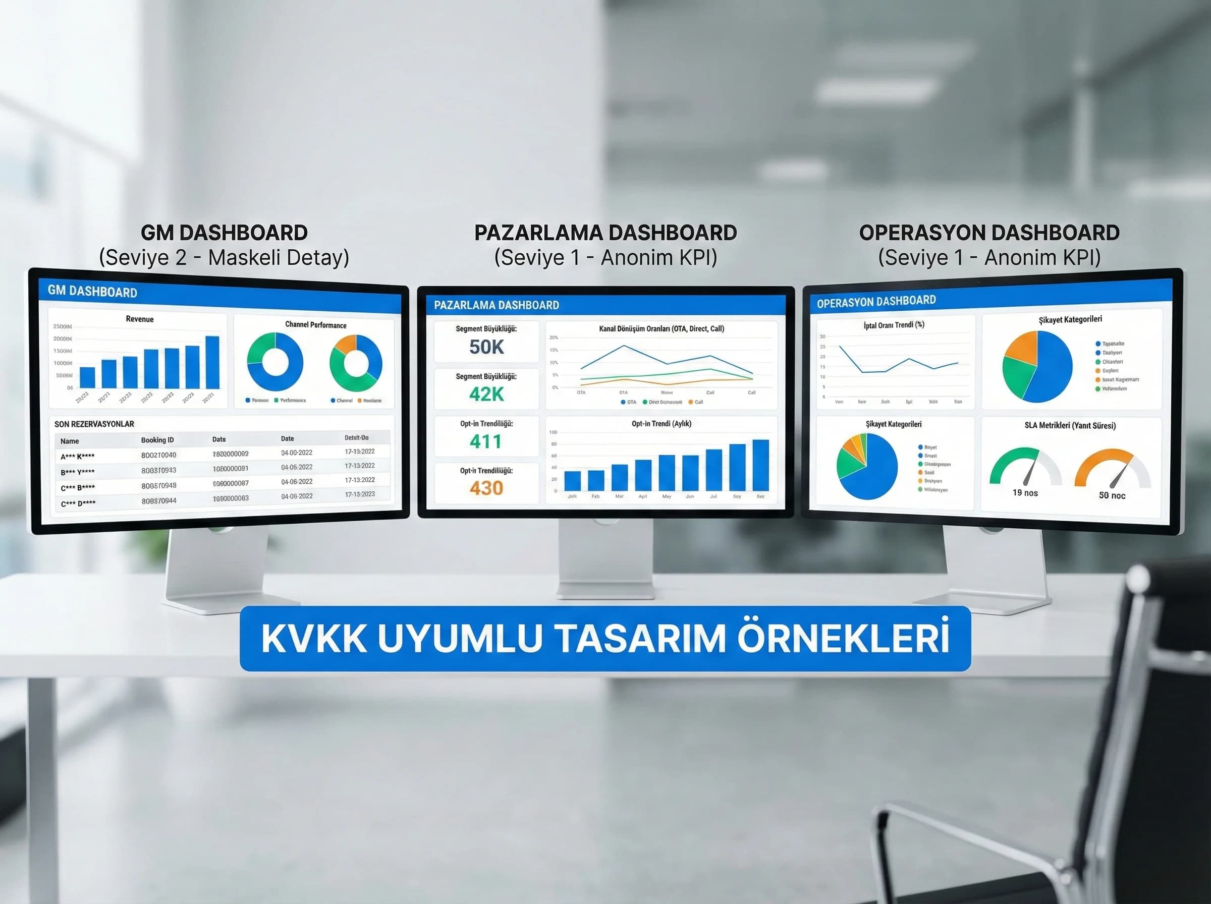 KVKK uyumlu 3 dashboard tasarımı, rol bazlı görünüm seviyelerini örnekler