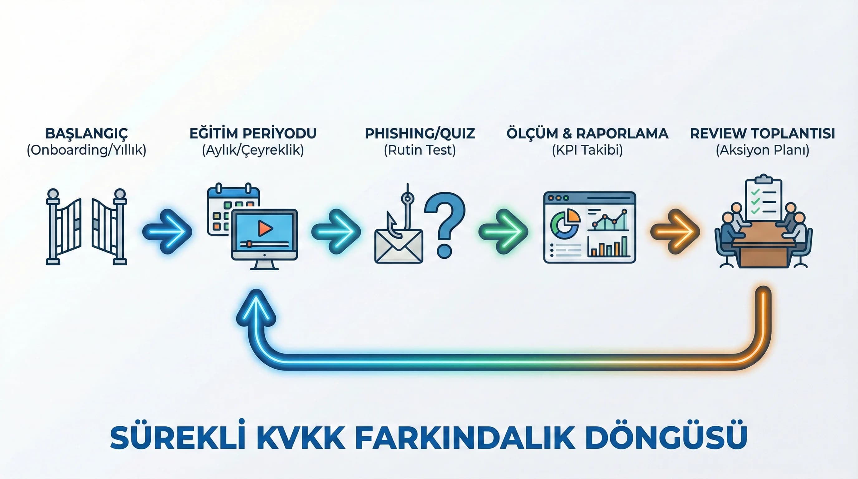 Eğitim ve test periyodu zaman çizelgesi, ölçüm ve review döngüsünü gösterir