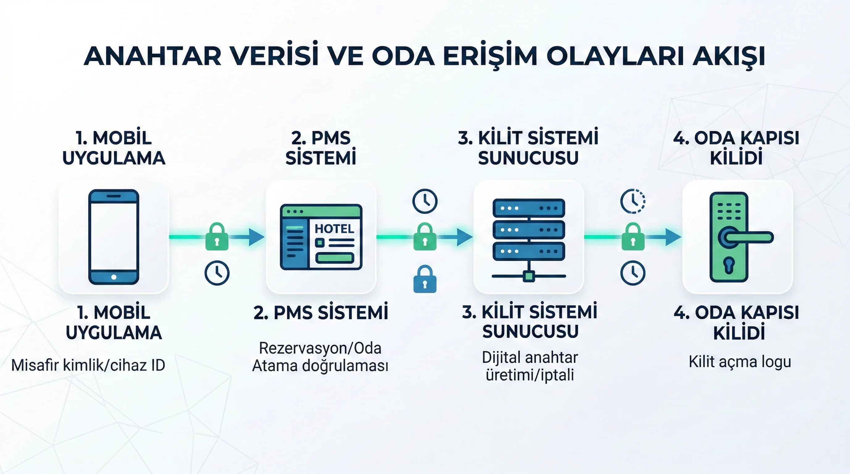 Uygulama–PMS–kilit sistemi arasında anahtar atama ve oda açma olayları netleştirilir