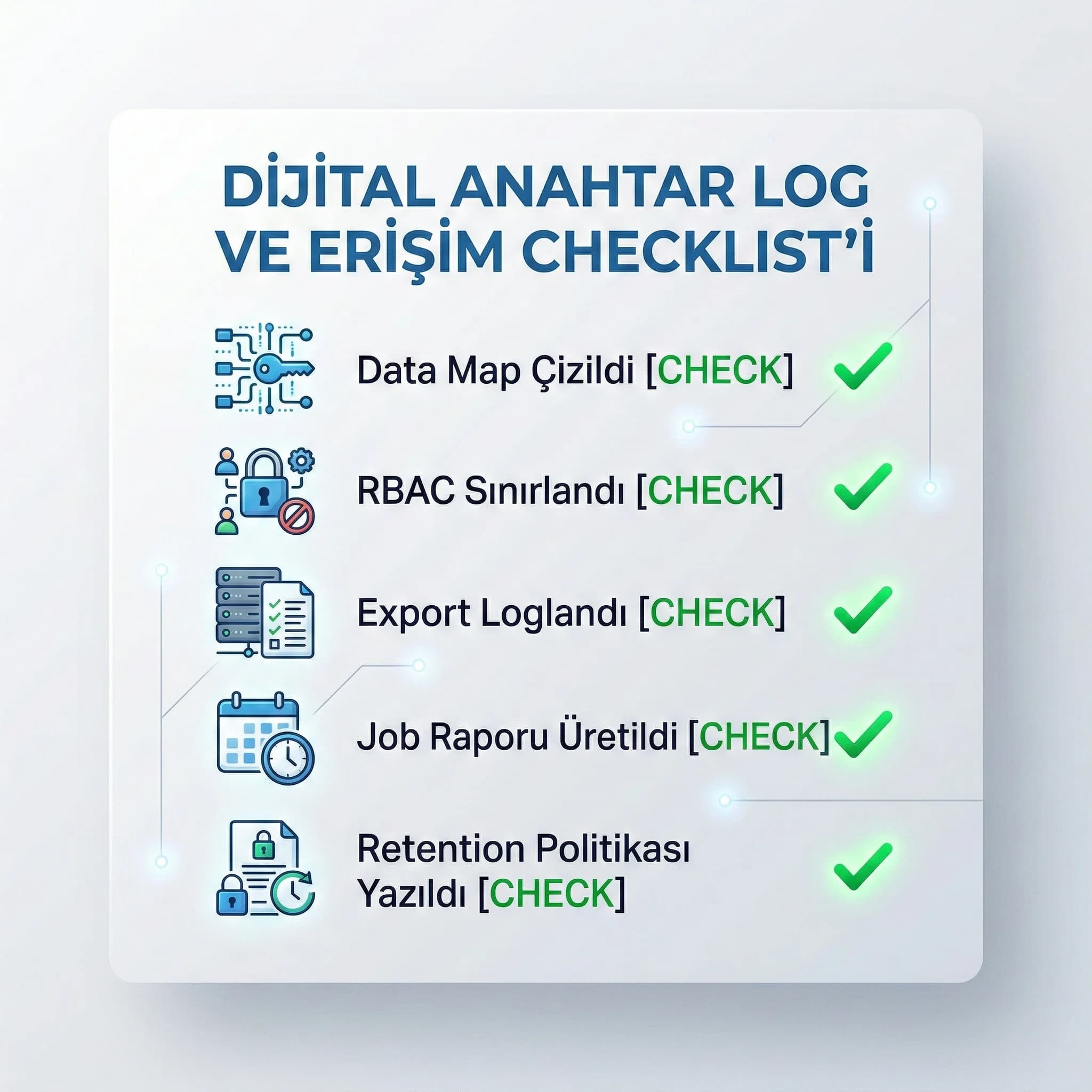 Dijital anahtar log alanları ve erişim checklist’i, kanıt setini standardize eder