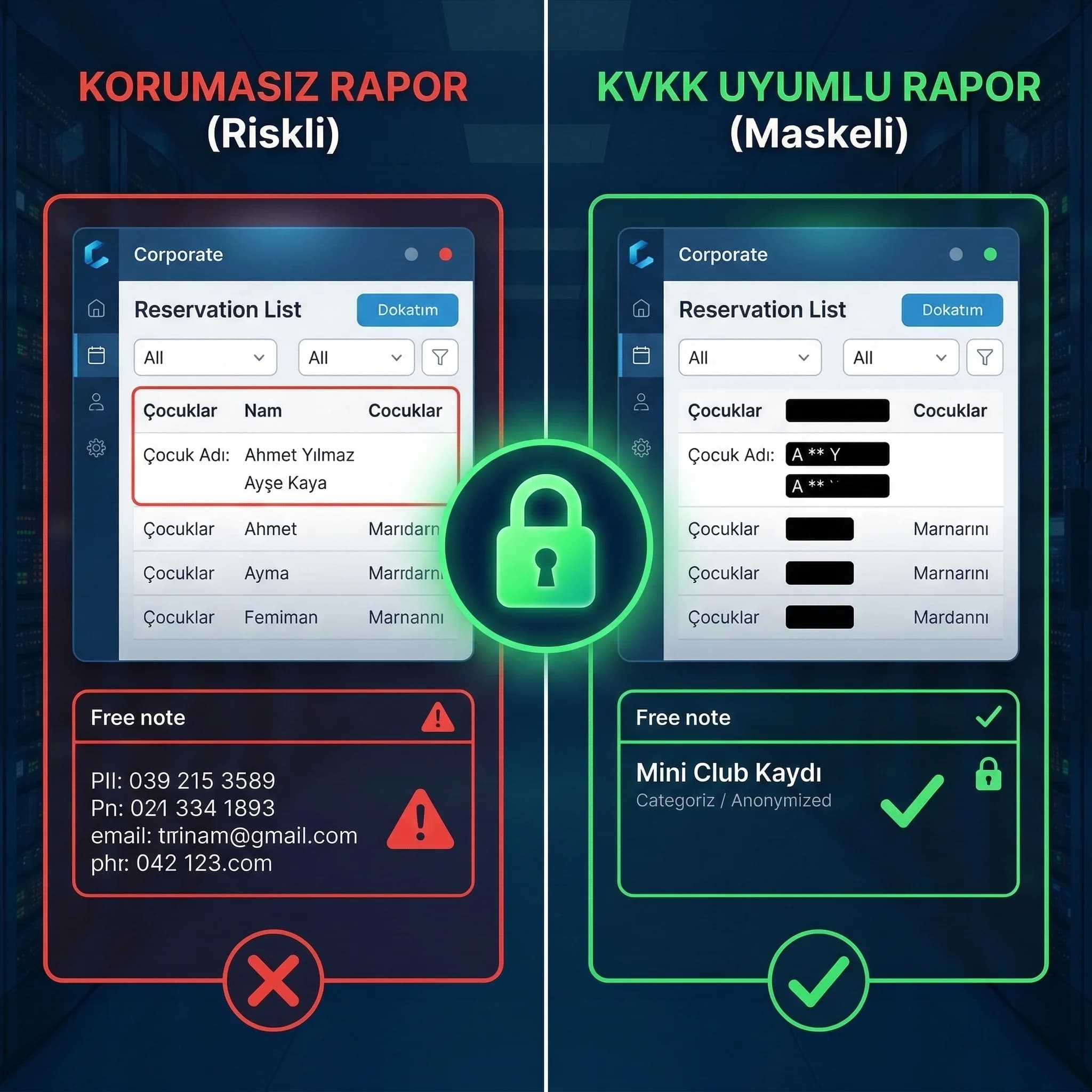 Aile rezervasyonu veri akışı: PMS child fields → anonim rapor KPI’ları