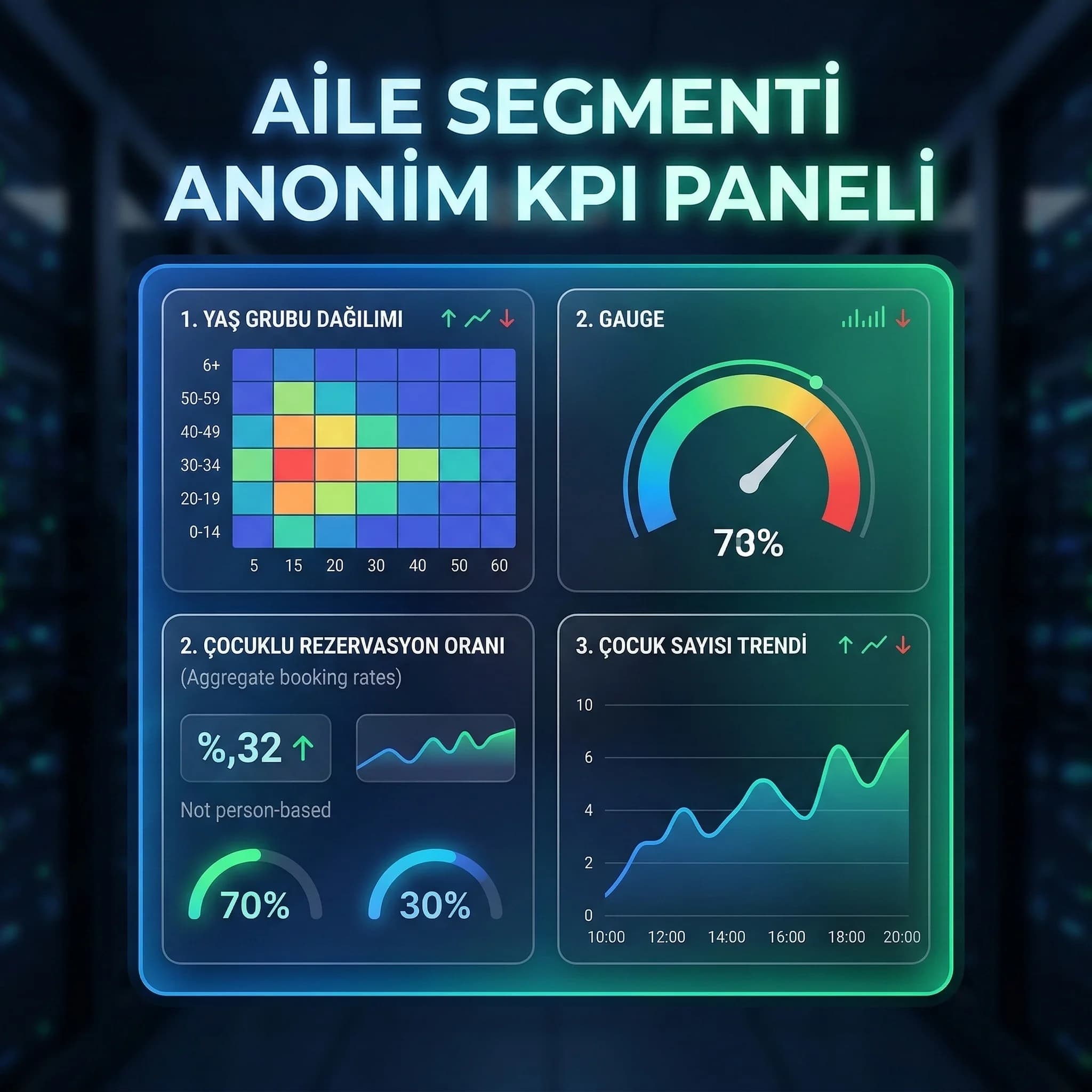 Yaş grubu dağılımı ve çocuklu rezervasyon trendi KPI’ları, kişisel veri göstermeden karar aldırır
