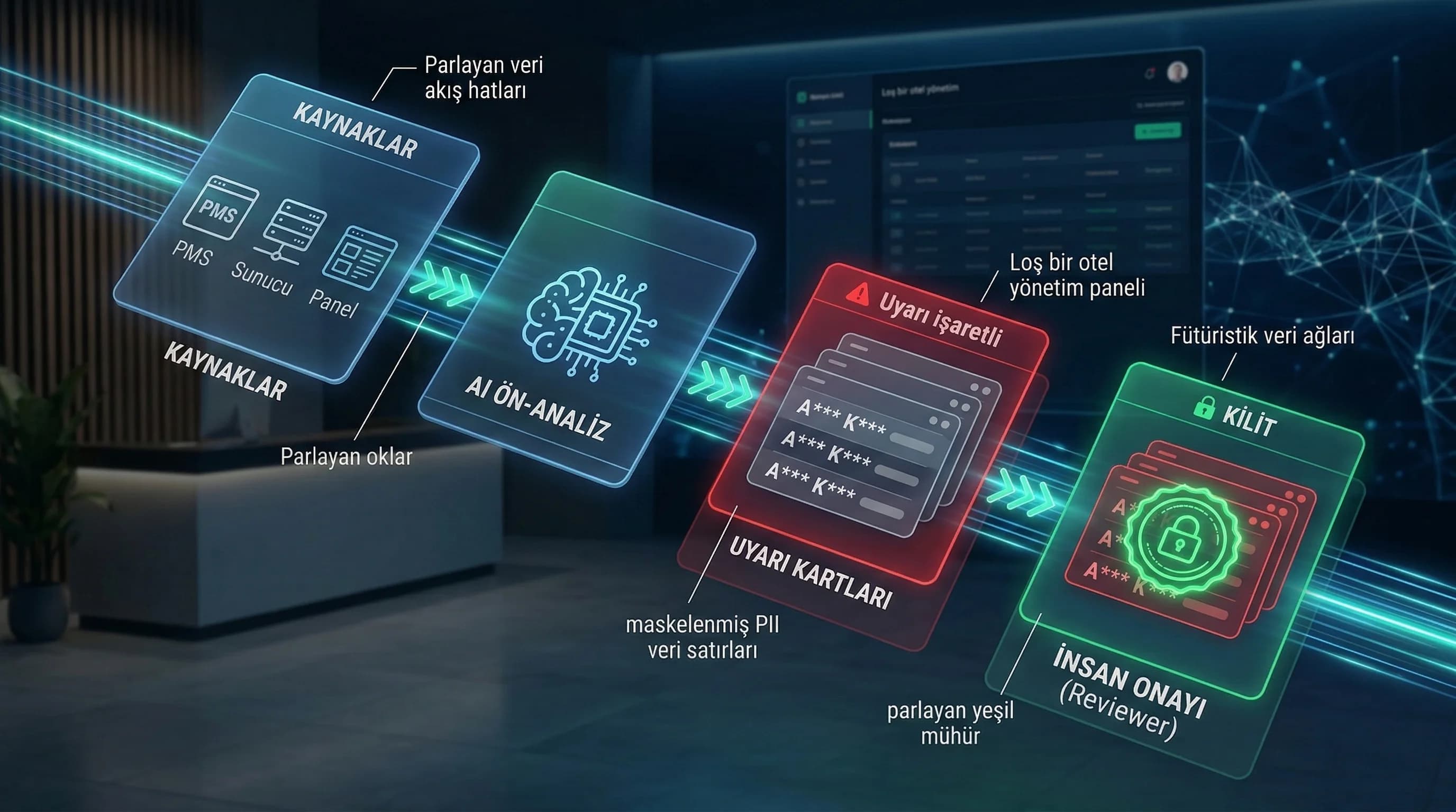 AI→log→uyarı kartı→insan onayı akışı, otel KVKK iç kontrolünü netleştirir