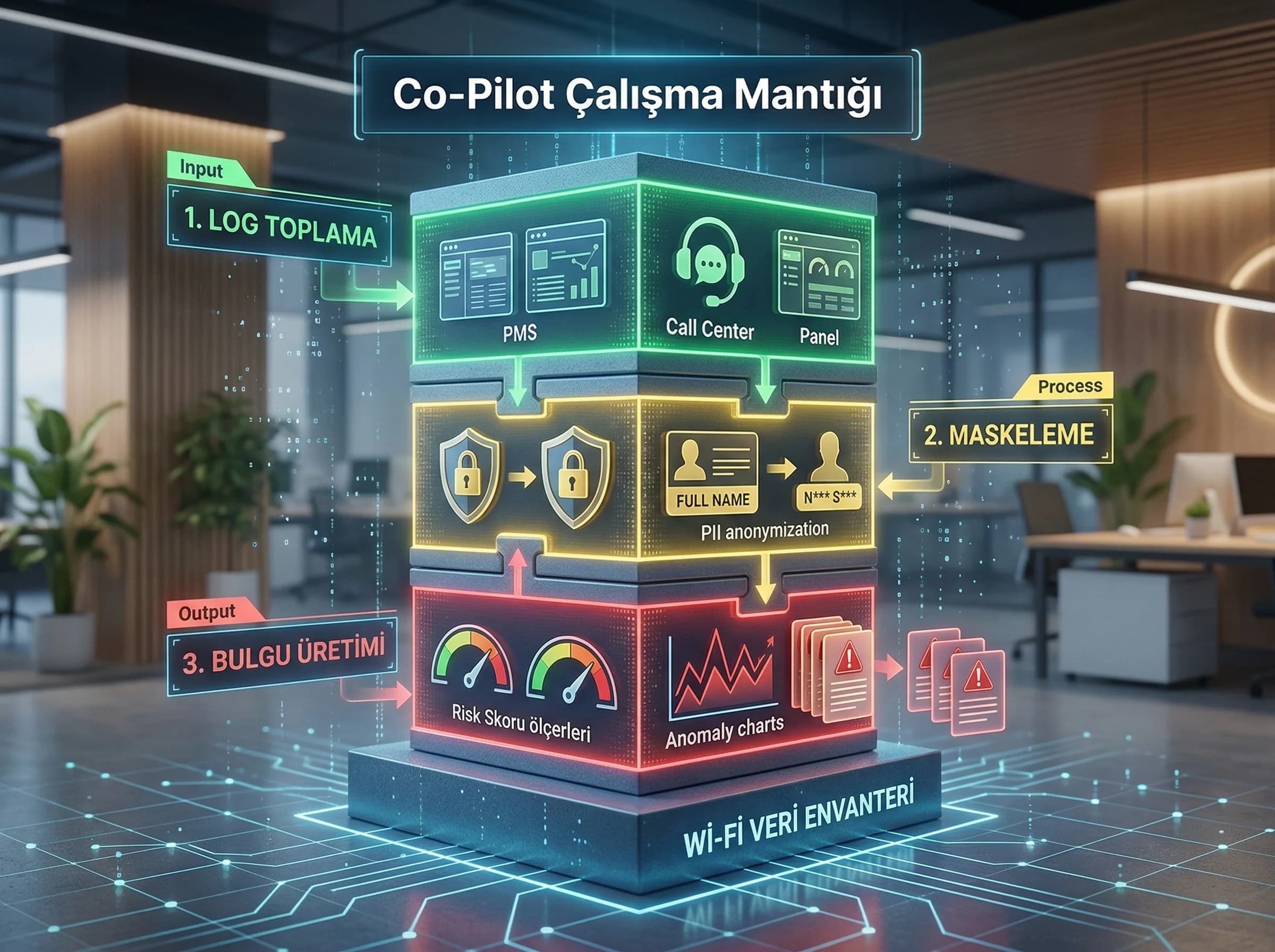Co-pilot çalışma mantığı: kaynaklar, maskeleme ve risk skoru üretimi