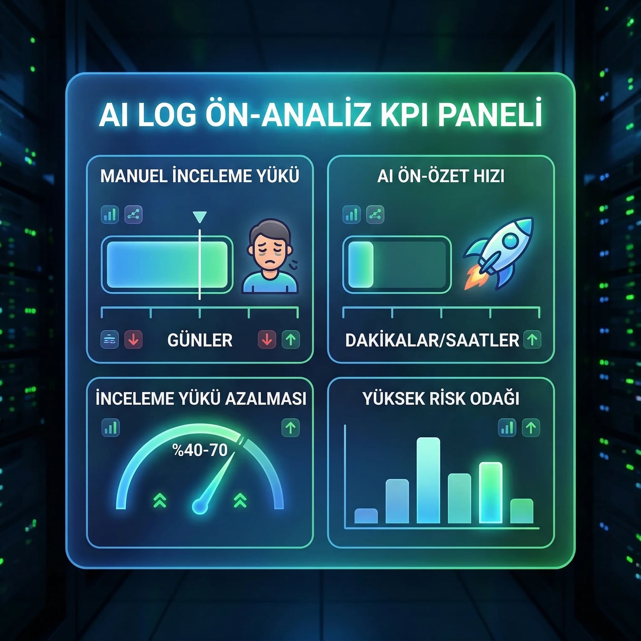 Manuel inceleme süresi vs AI ön-özet KPI kartı, zaman tasarrufu ve risk odağını gösterir