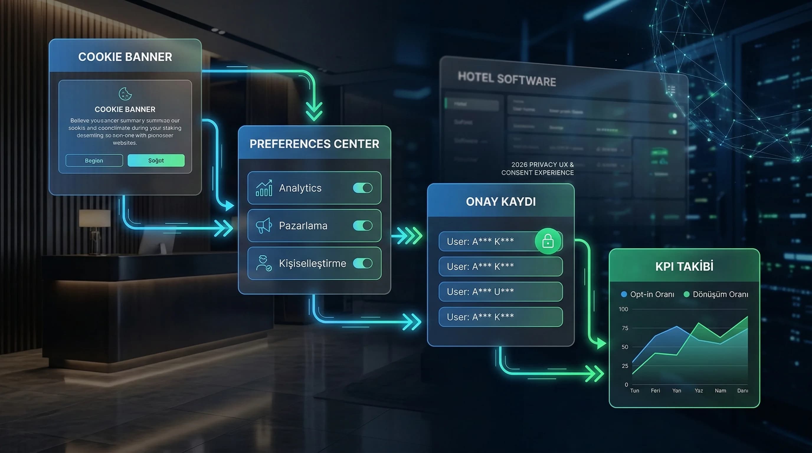 Cookie banner’dan preference center’a giden izin yolculuğu, otel rezervasyon akışına uyarlanır