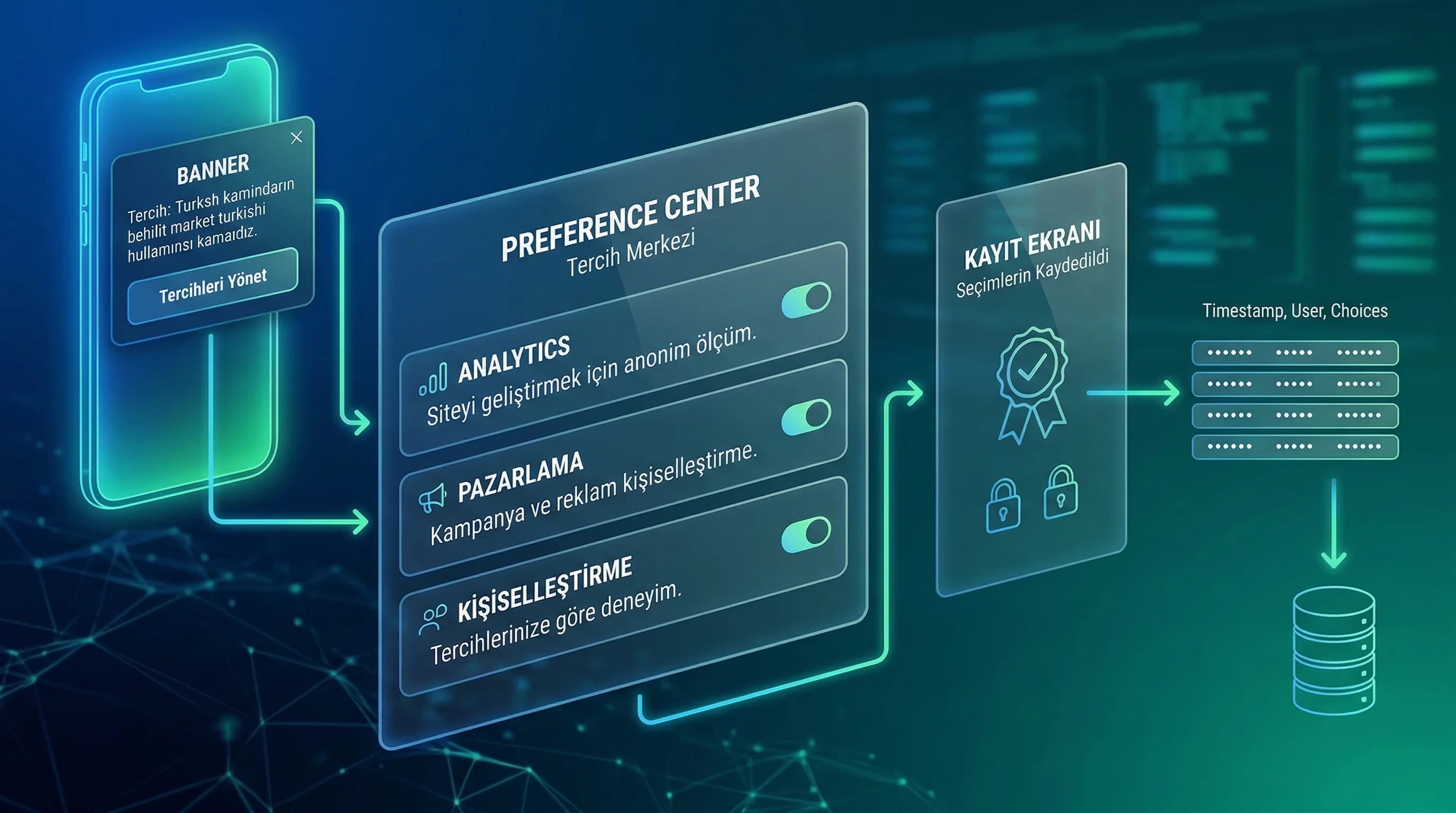 Banner → preference center → kayıt akışı, KVKK uyumlu izin deneyimini gösterir