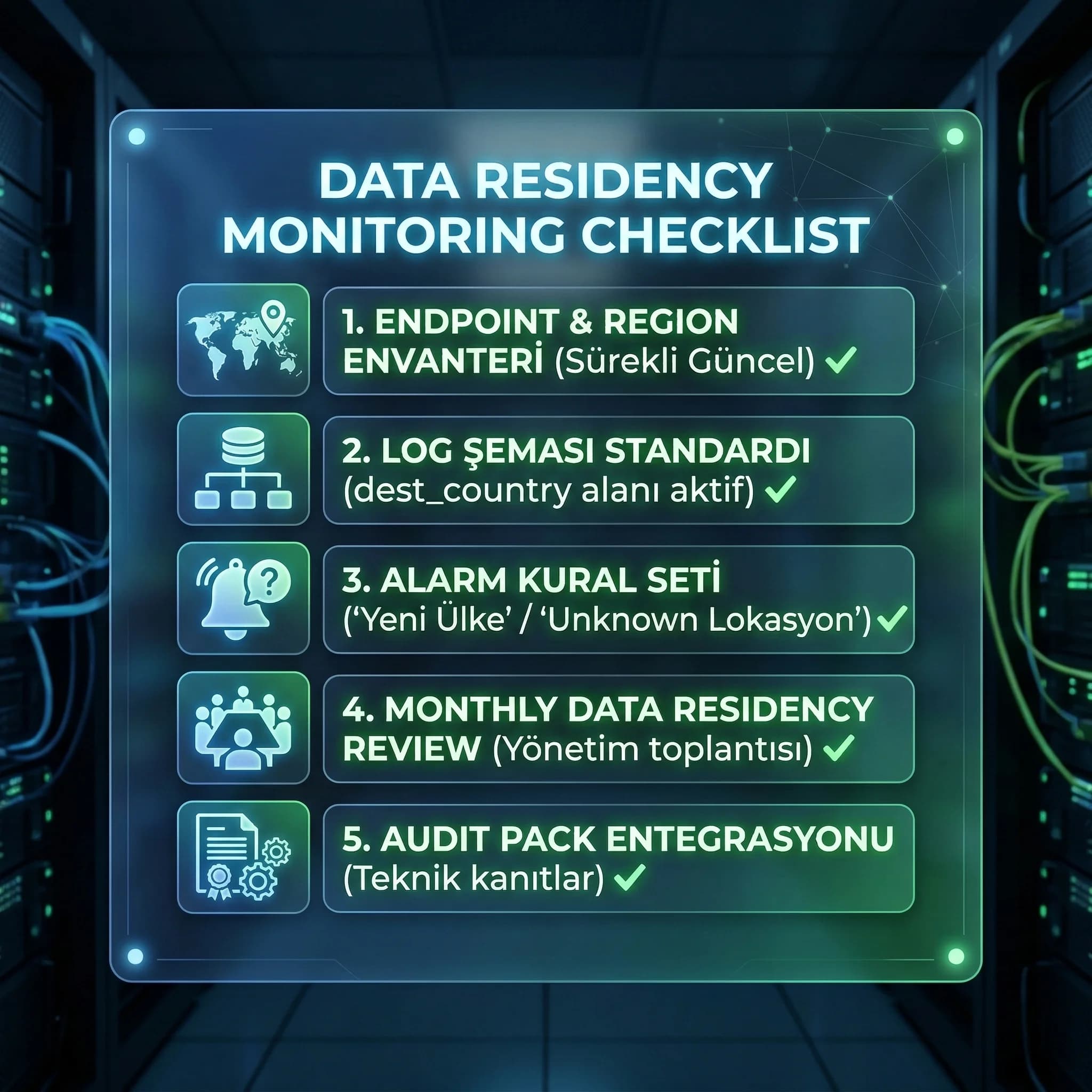 Data residency monitoring checklist’i, unknown lokasyon ve yeni ülke alarmlarını standardize eder
