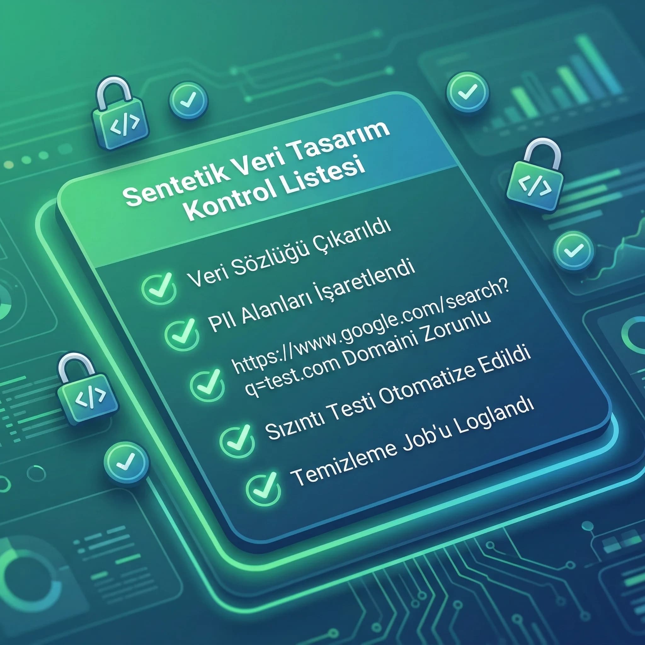 Test verisi üretim ve temizleme checklist’i, no real PII prensibini standardize eder