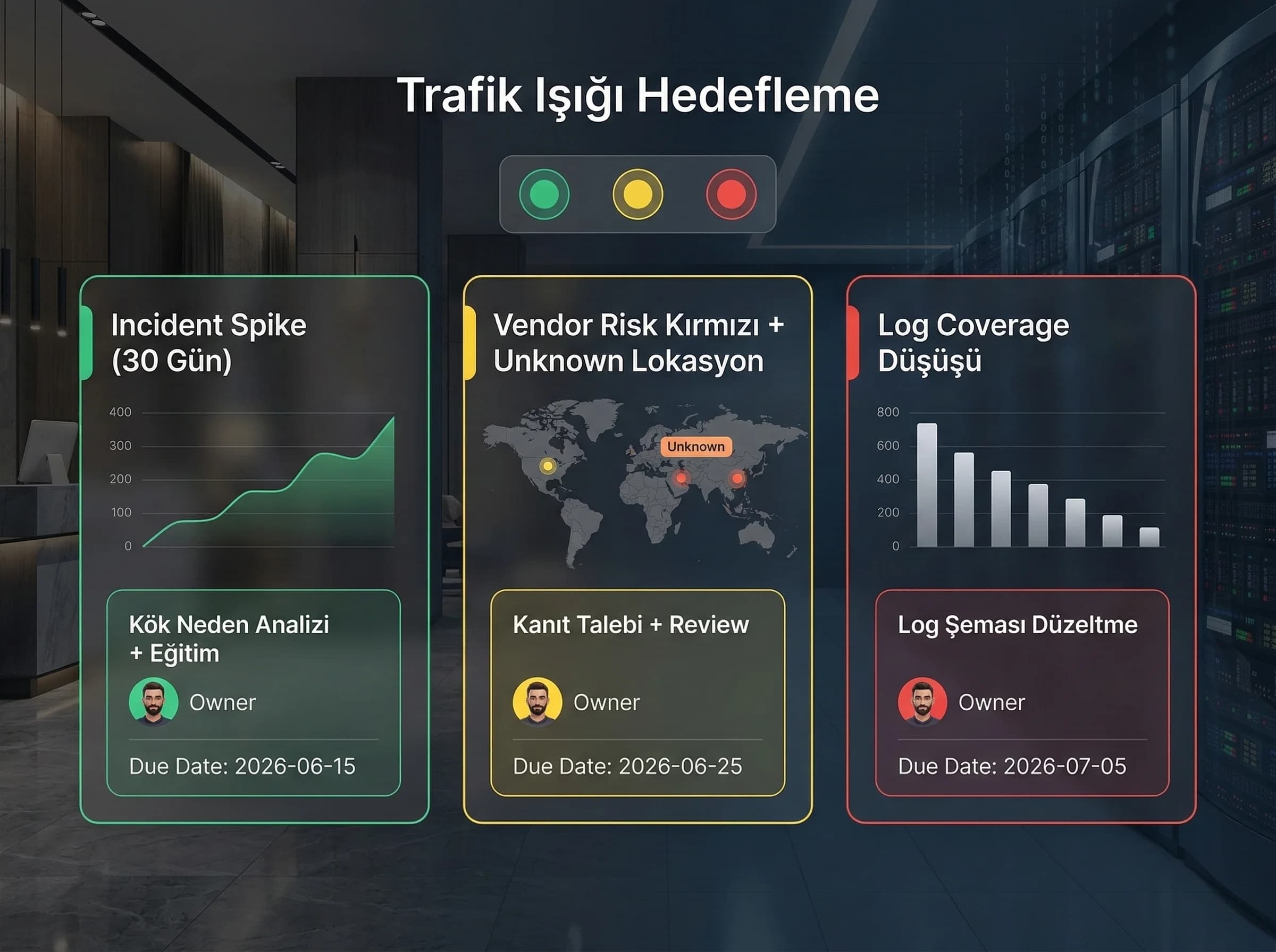 Trafik ışığı modeli ve risk senaryoları, hızlı aksiyon aldırır