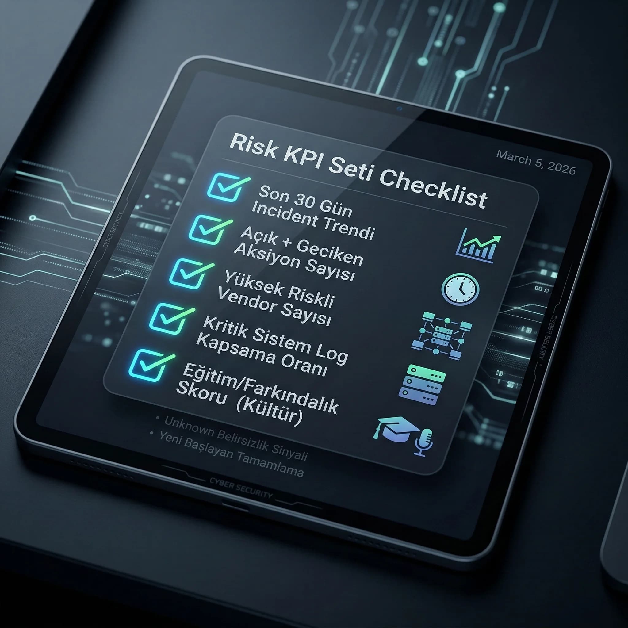 Risk KPI seti checklist’i, teknik ve kültürel sinyalleri birleştirir