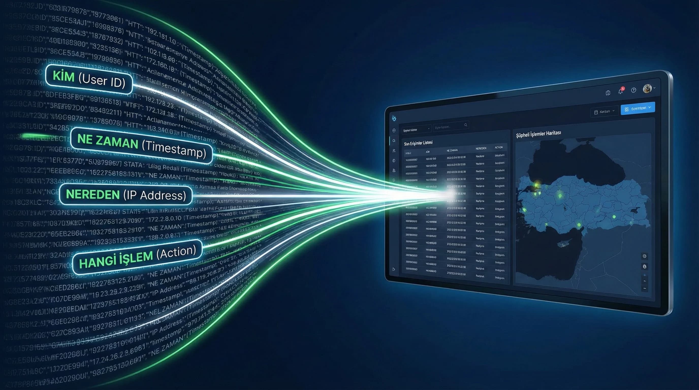 Kim, ne zaman, nereden, hangi işlem: log alan seti ve dashboard bağlantısı