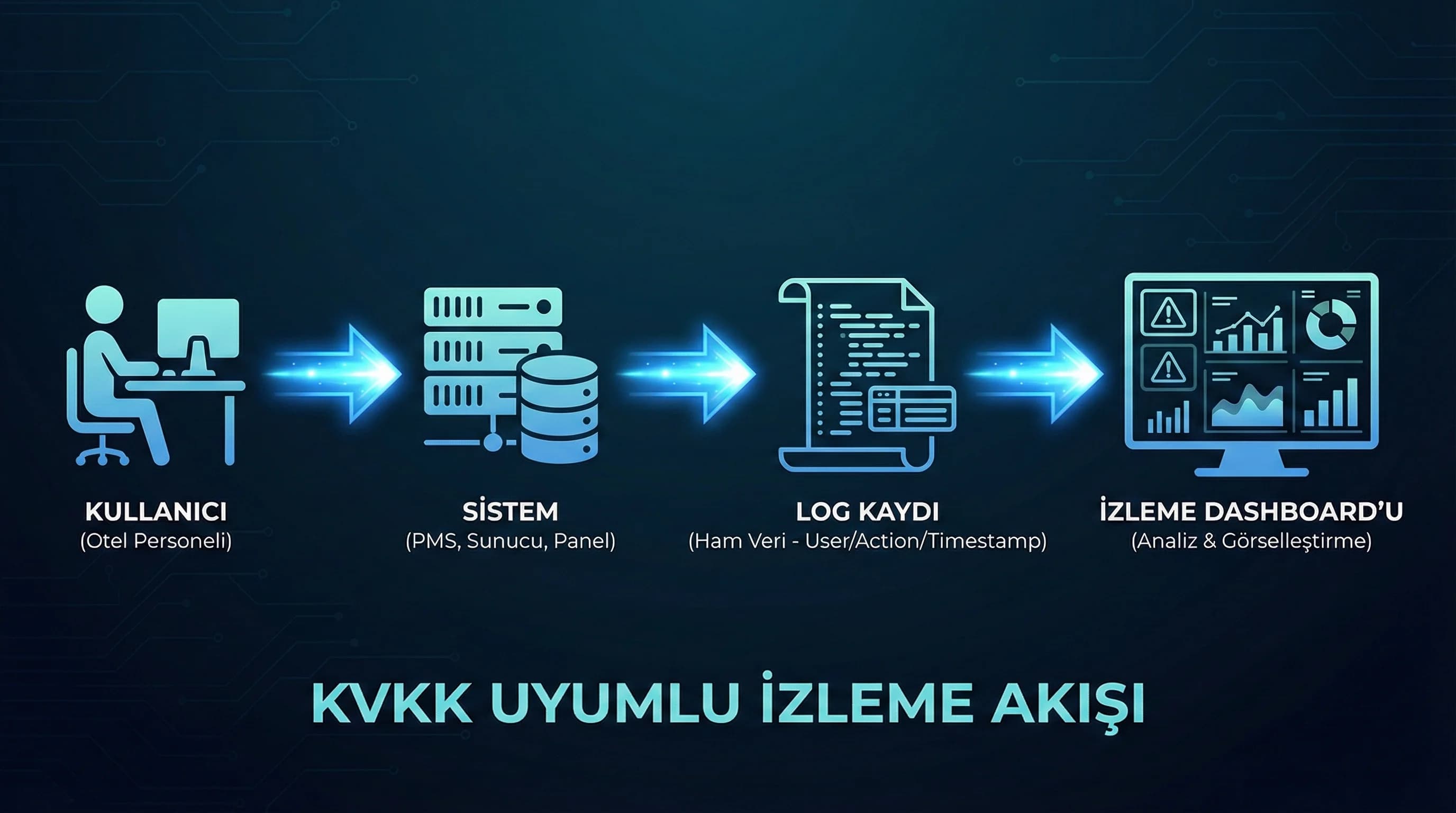 Kullanıcı → sistem → log → dashboard akışı, KVKK uyumlu izleme mantığını gösterir