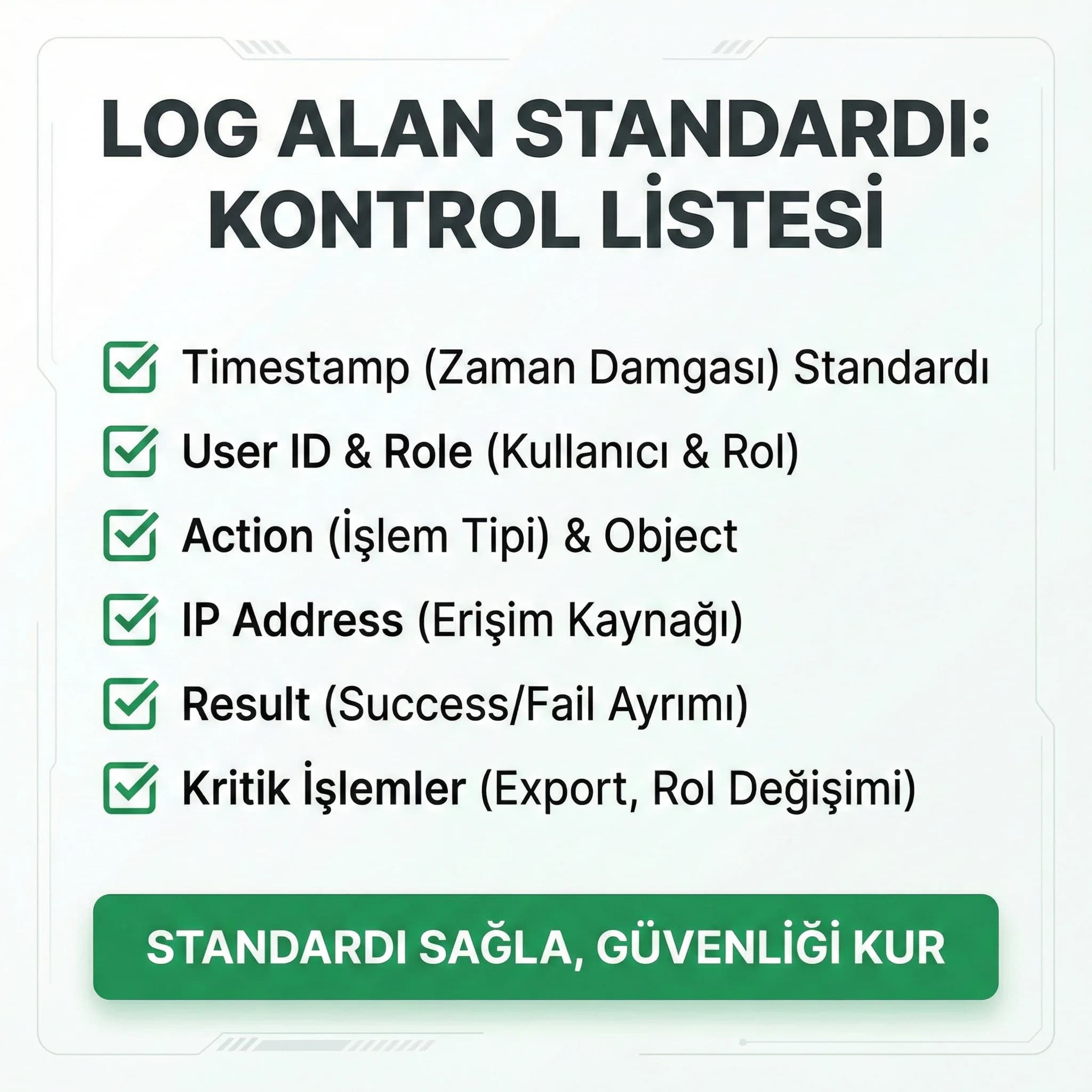 Log alan standardı checklist’i, PMS ve sunucu loglarını aynı çerçevede toplar