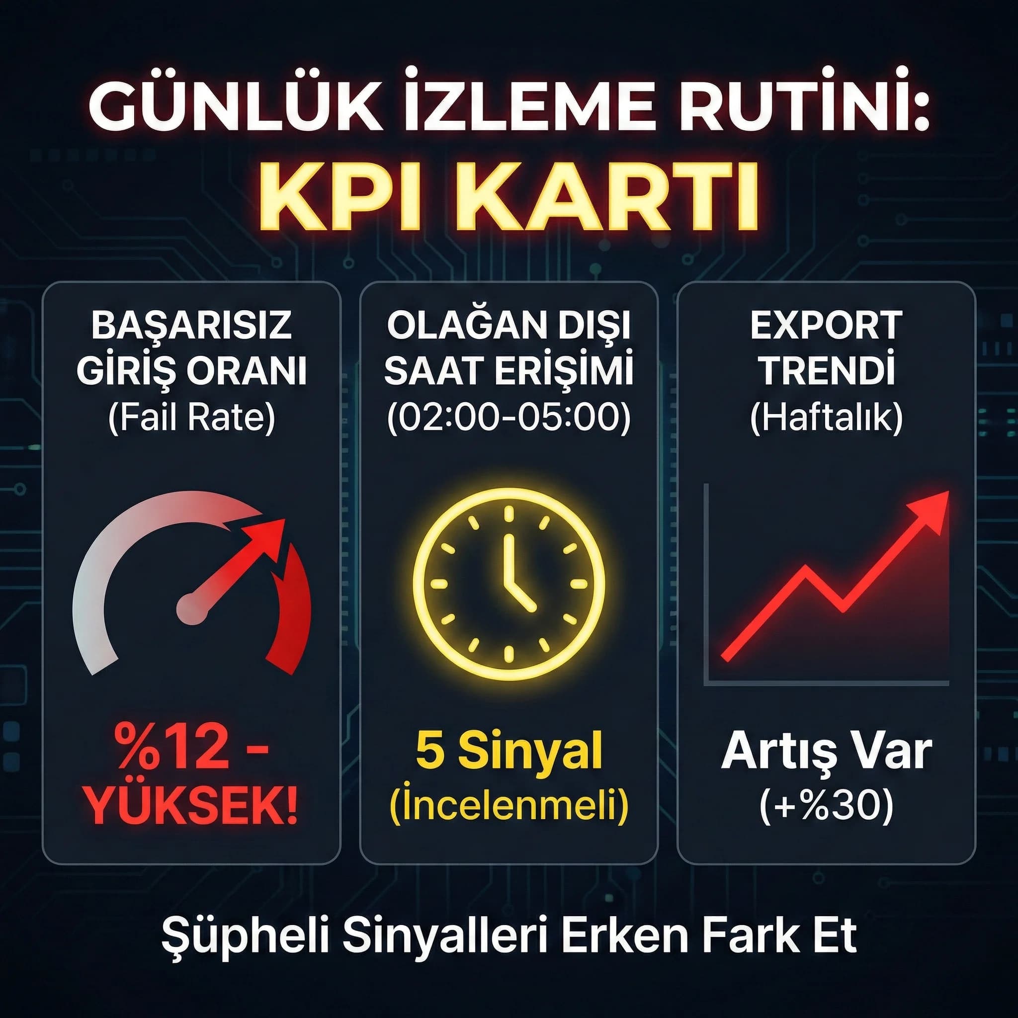 Şüpheli erişim KPI’ları, günlük izleme rutini için anlaşılır panel sunar