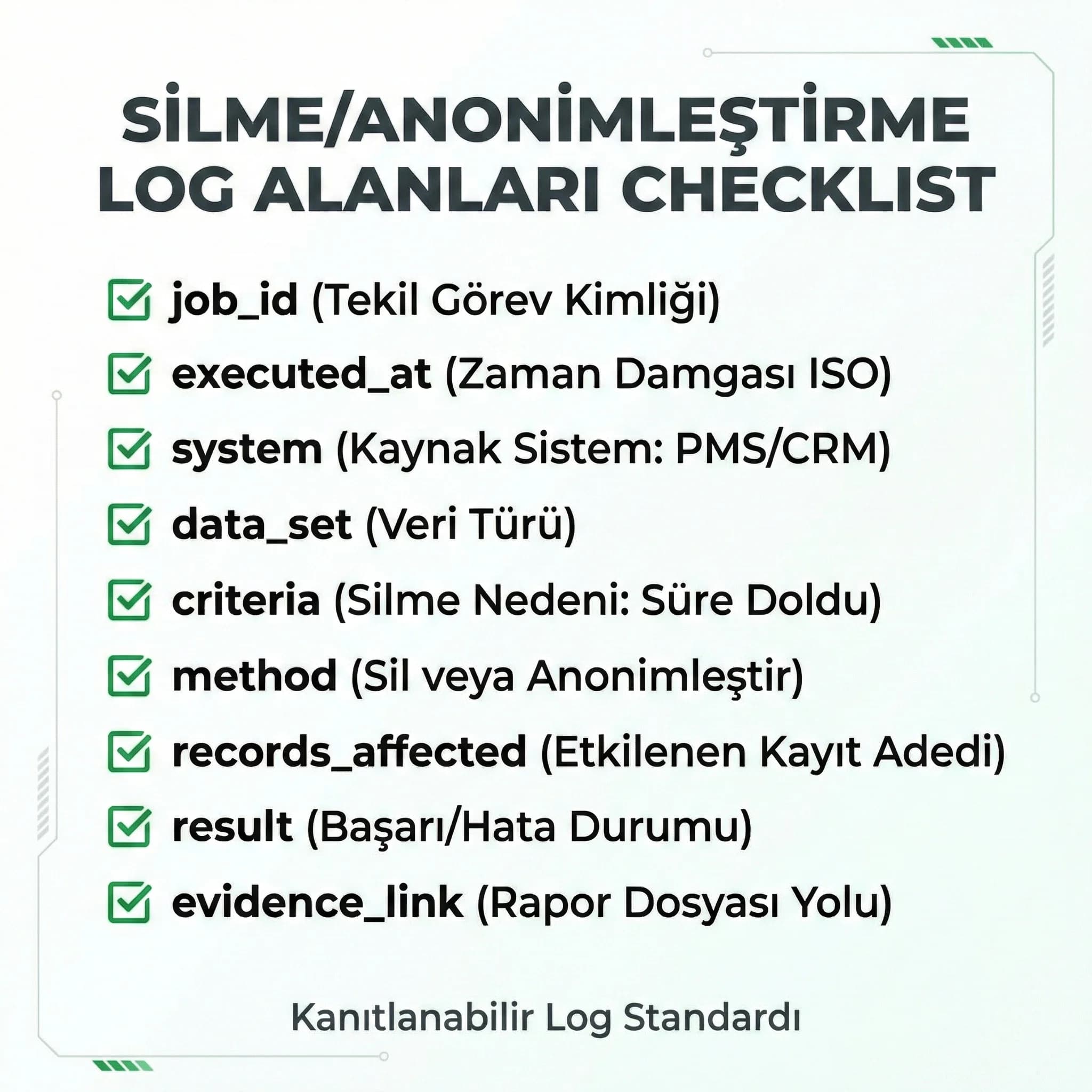 Retention matrisi → silme job → log → rapor akışı, KVKK uyumlu yönetimi gösterir