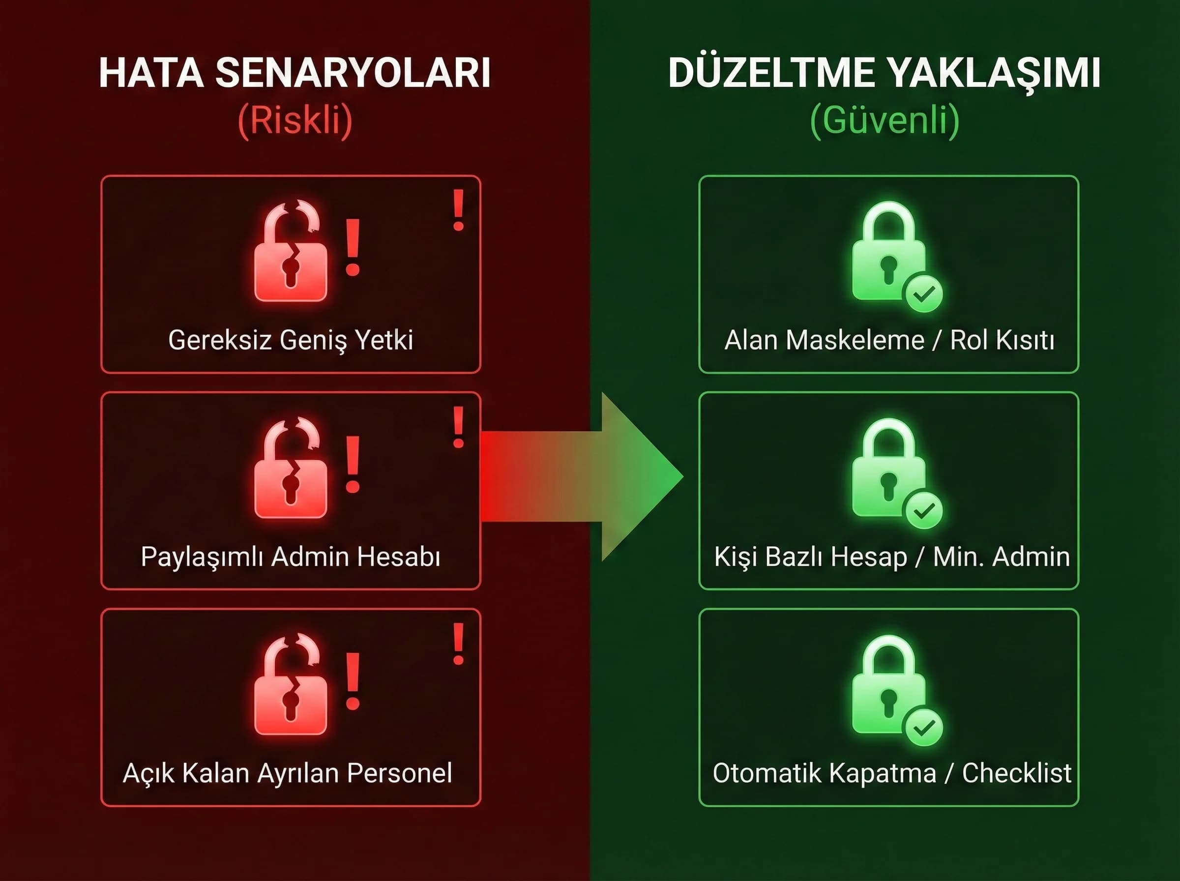Yetki hatası senaryoları ve düzeltme yaklaşımı, yönetici gözüyle okunur