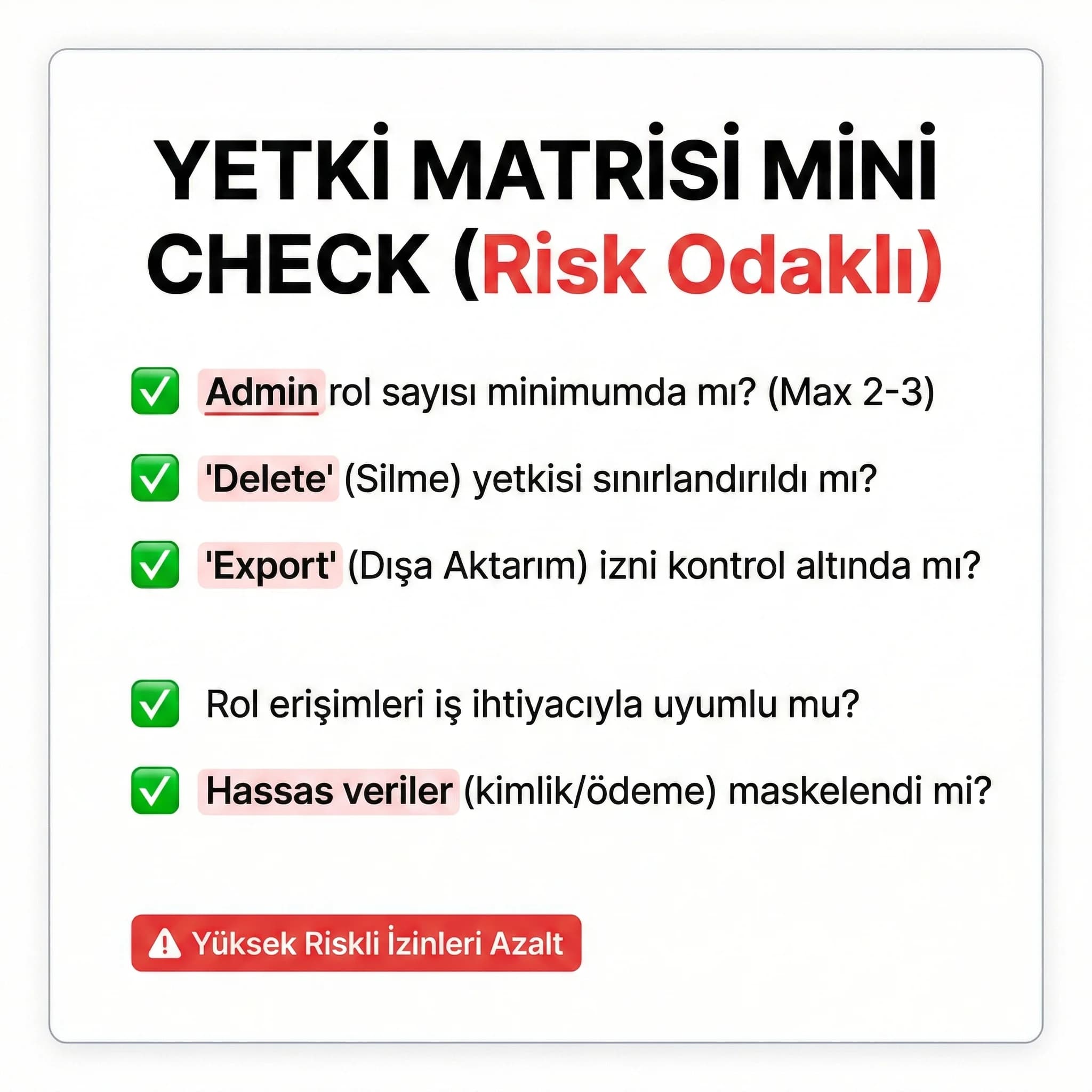 Yetki matrisi Mini Check, admin/delete izinlerini azaltma odaklı
