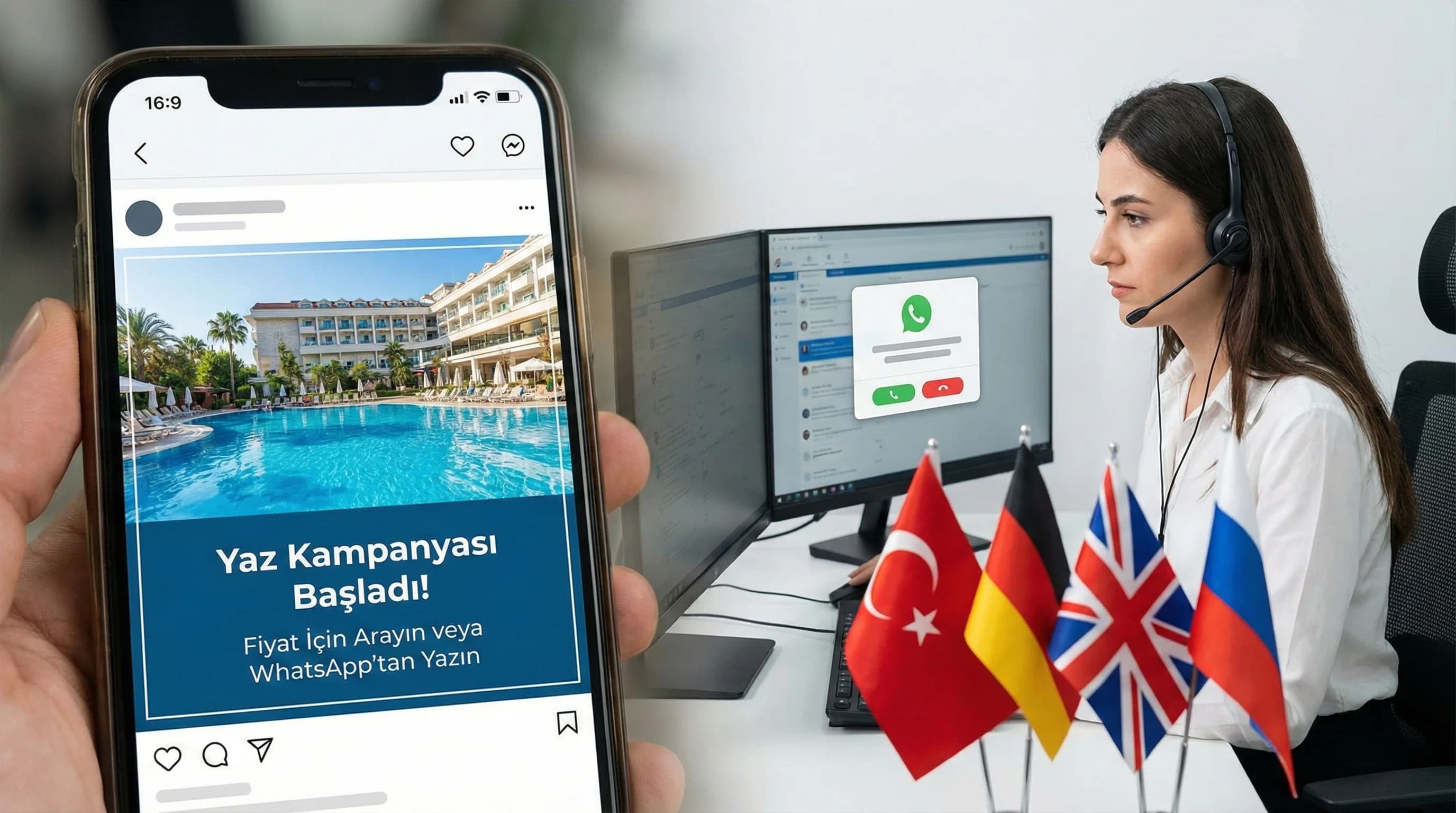 Ara ve WhatsApp CTA’lı kampanya, otelde çok dilli operasyon hazırlığını gösterir