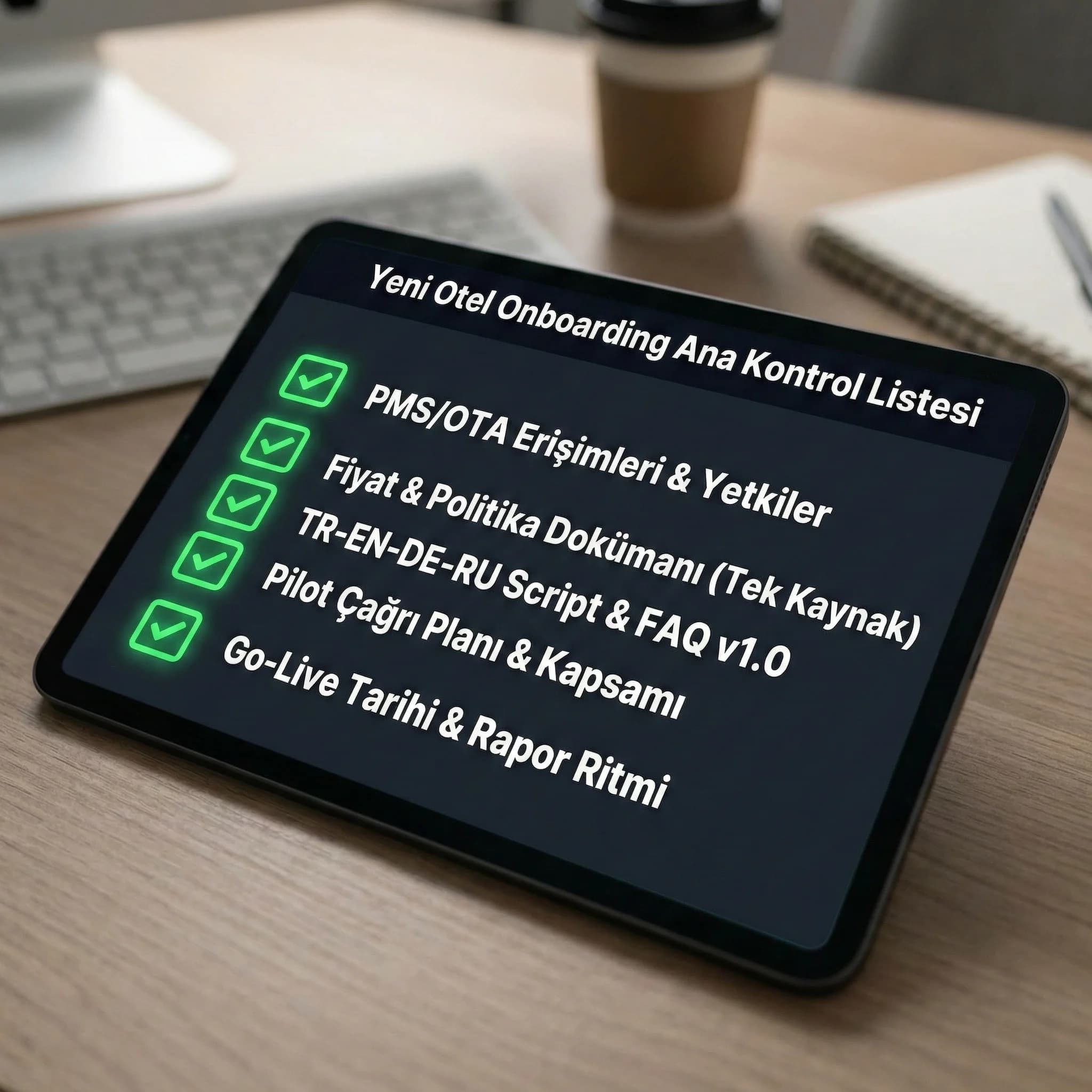 Script ve FAQ bankası çıktıları, yeni otel için uygulanabilir onboarding deliverables