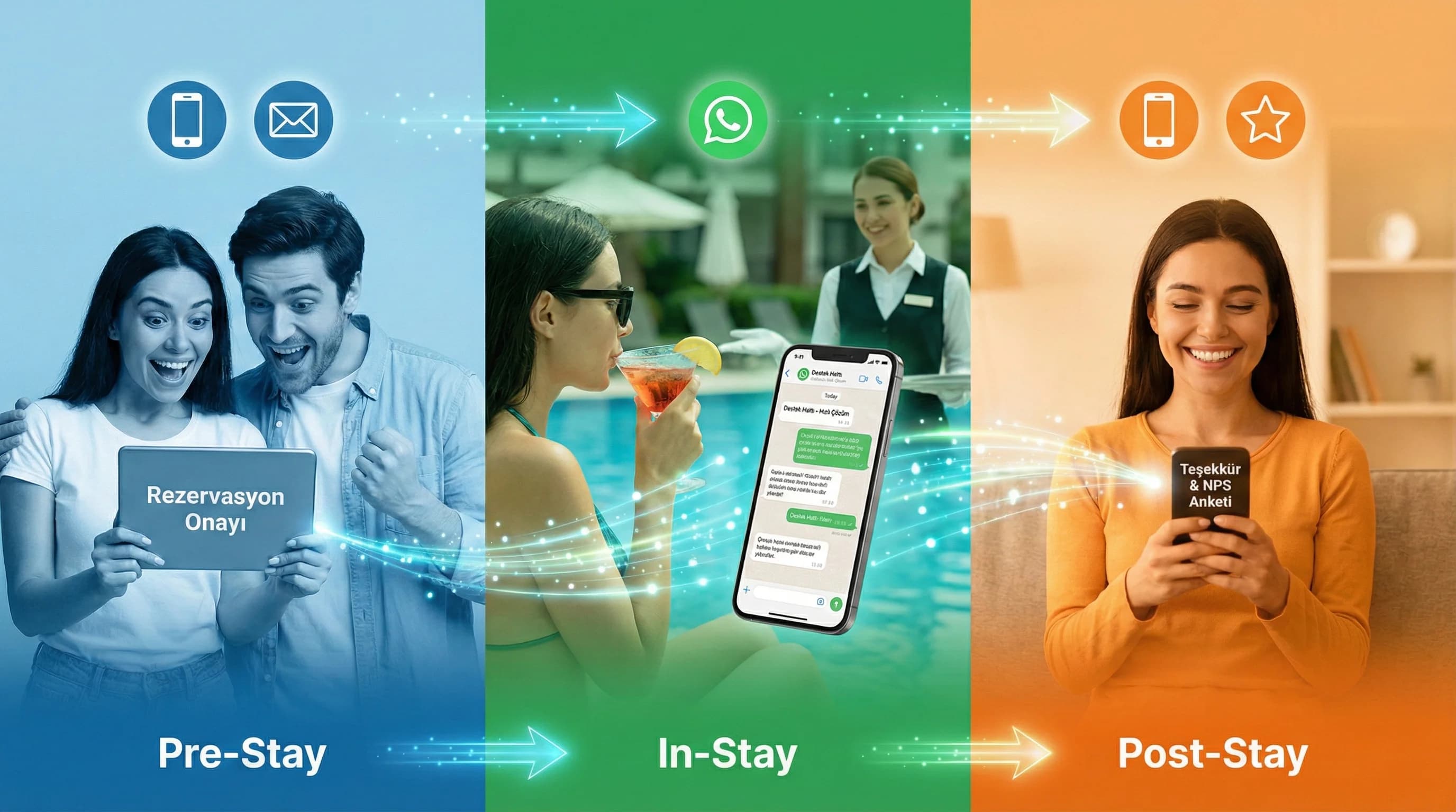 Misafir yolculuğu fazları, otel iletişiminde call ve mesaj temaslarını gösterir