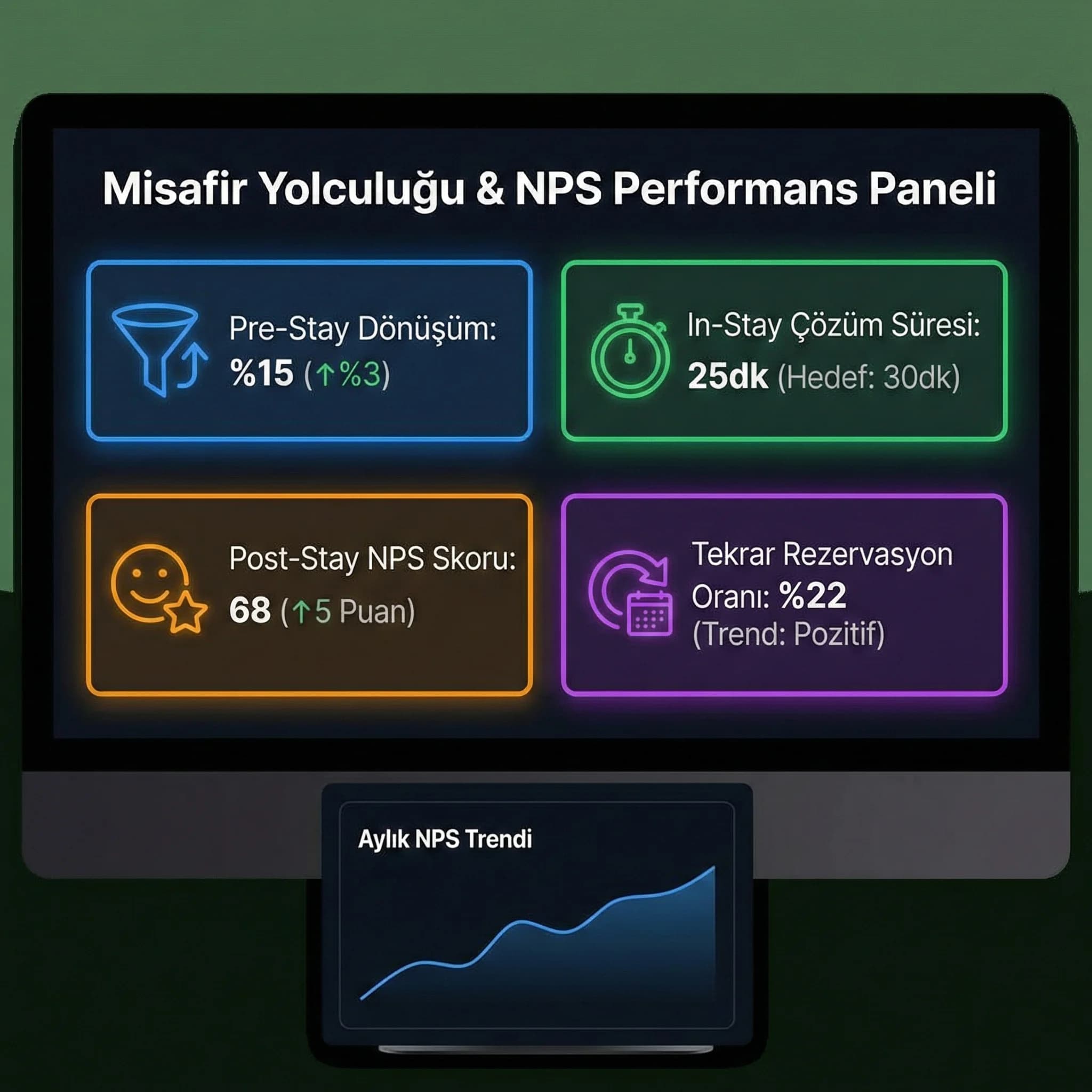 NPS, çözüm süresi ve tekrar rezervasyon KPI paneli, misafir yolculuğu etkisi