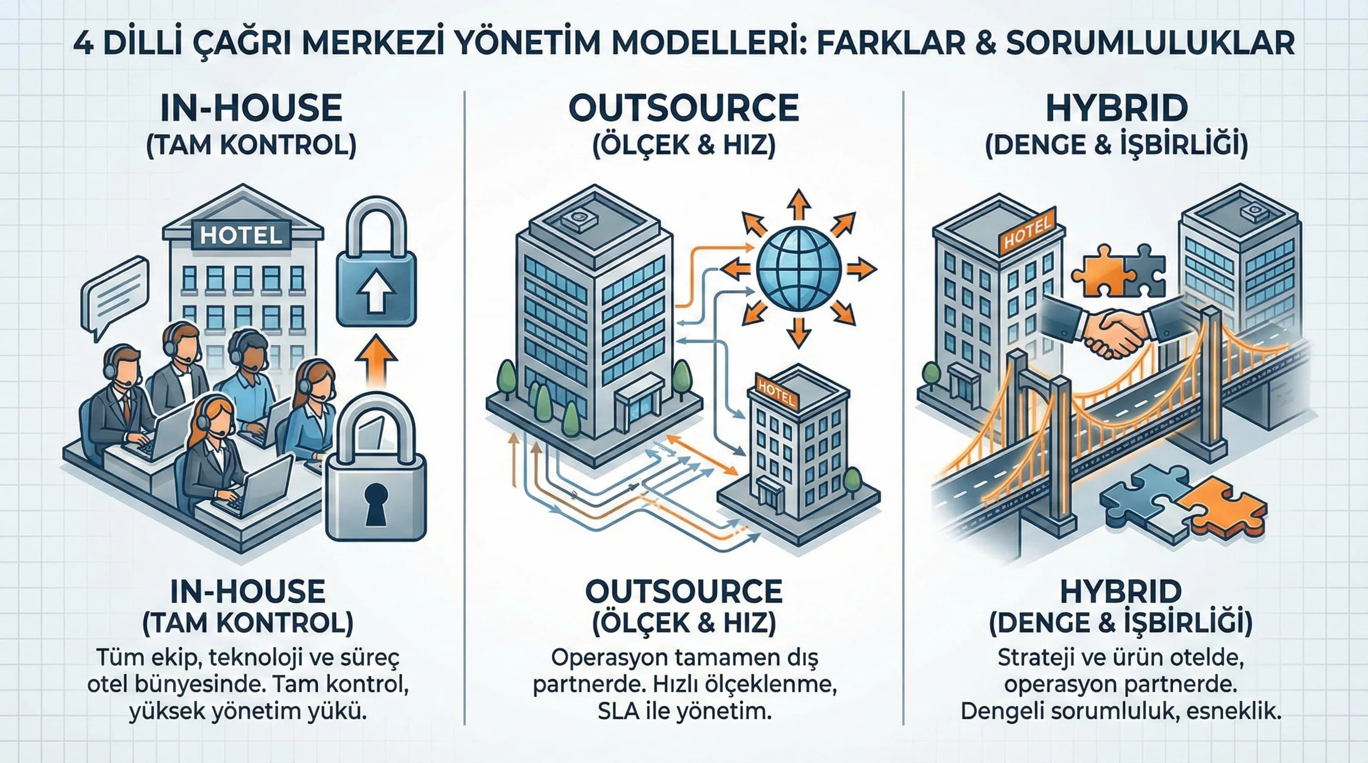 In-house, outsource ve hybrid yönetim modeli farkı, otel operasyonu bağlamında