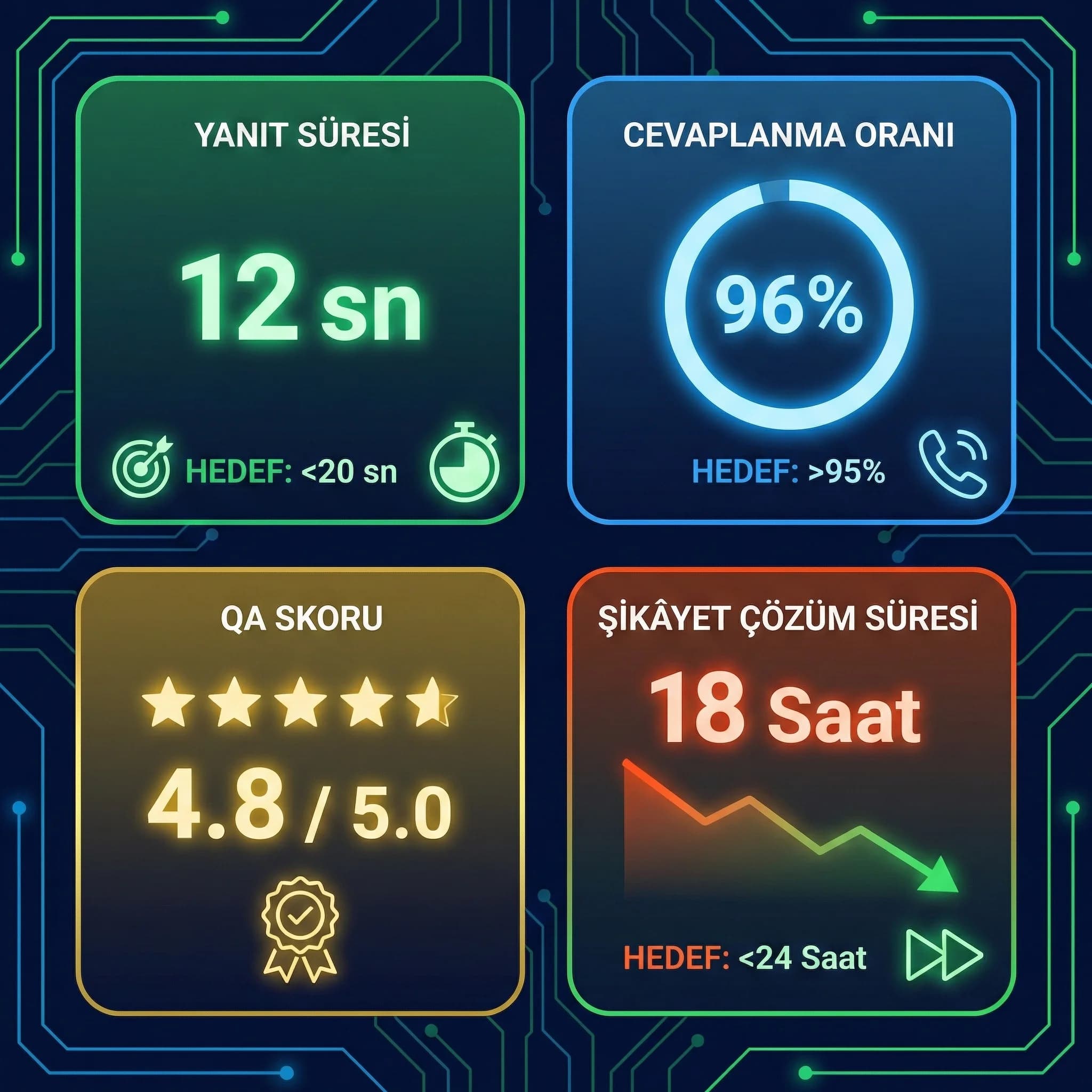 SLA KPI paneli: yanıt süresi, cevaplanma, QA ve çözüm süresi görünümü