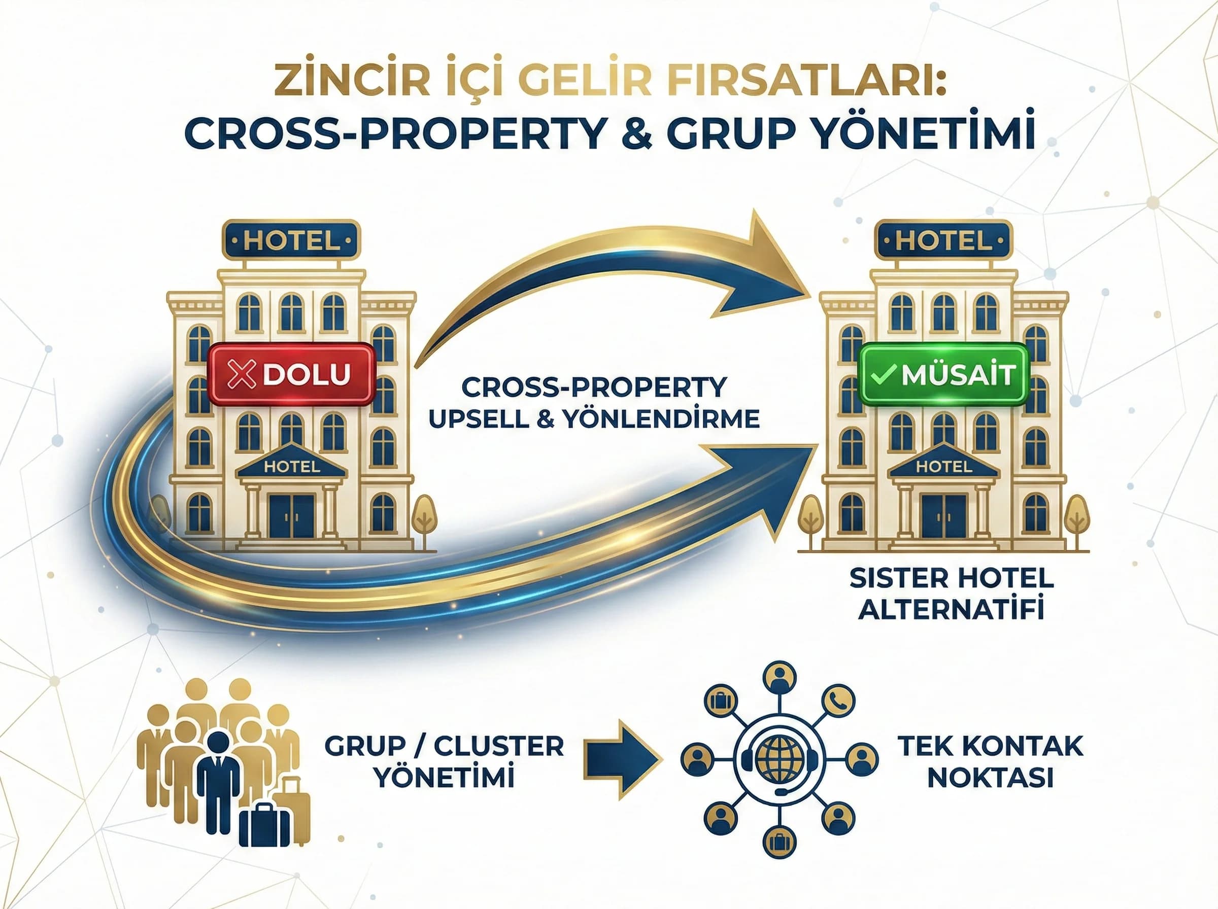 Cross-property upsell ve grup yönetimi bölümü, sister hotel senaryosu teması