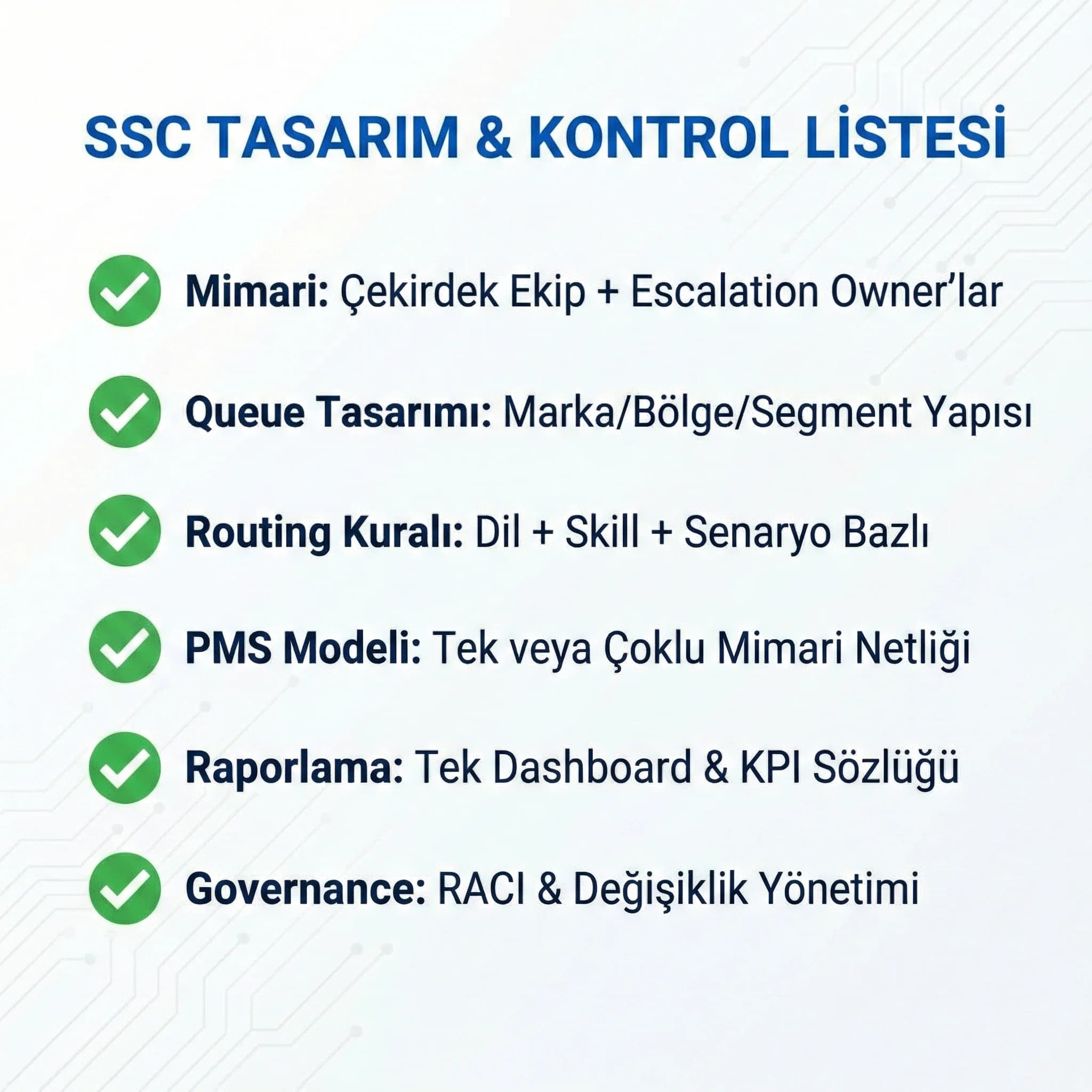 SSC tasarım checklist’i, zincir otelde mimari ve KPI kontrol listesi