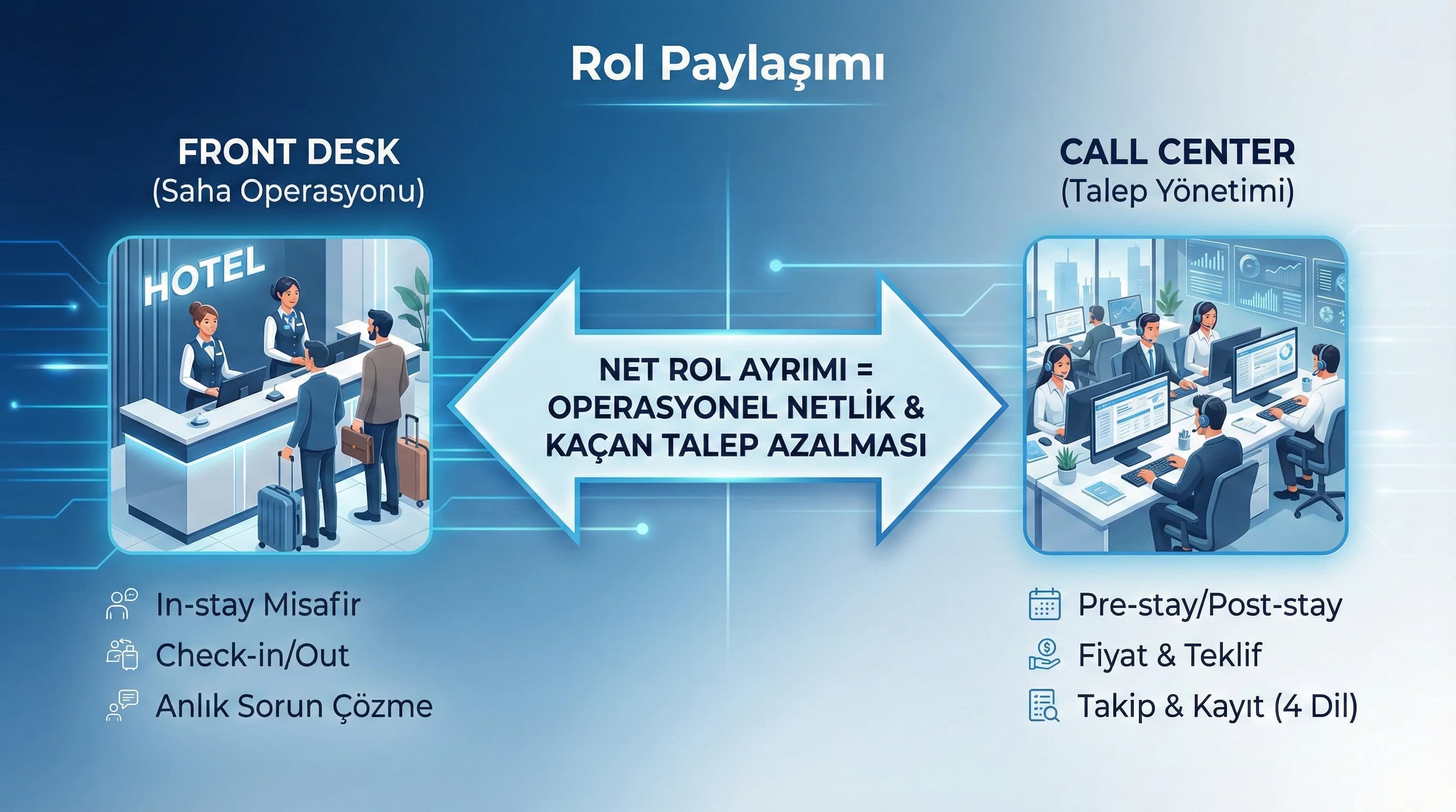 Resepsiyon ve çağrı merkezi rol paylaşımı, otel talep yönetiminde netlik sağlar