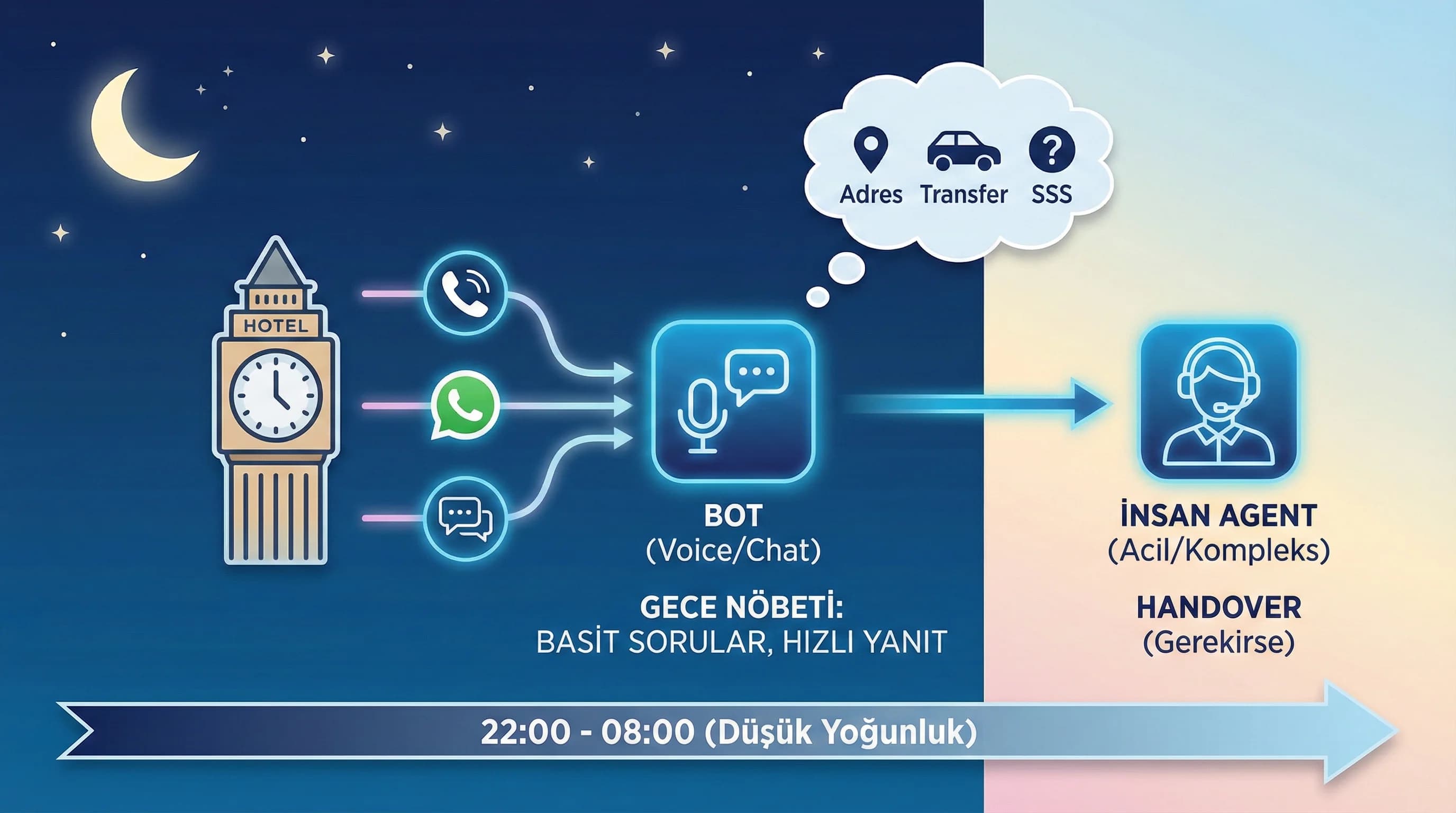 Gece ve düşük yoğunluk saatlerinde bot ile hızlı yanıt, otel misafir iletişimi bağlamı