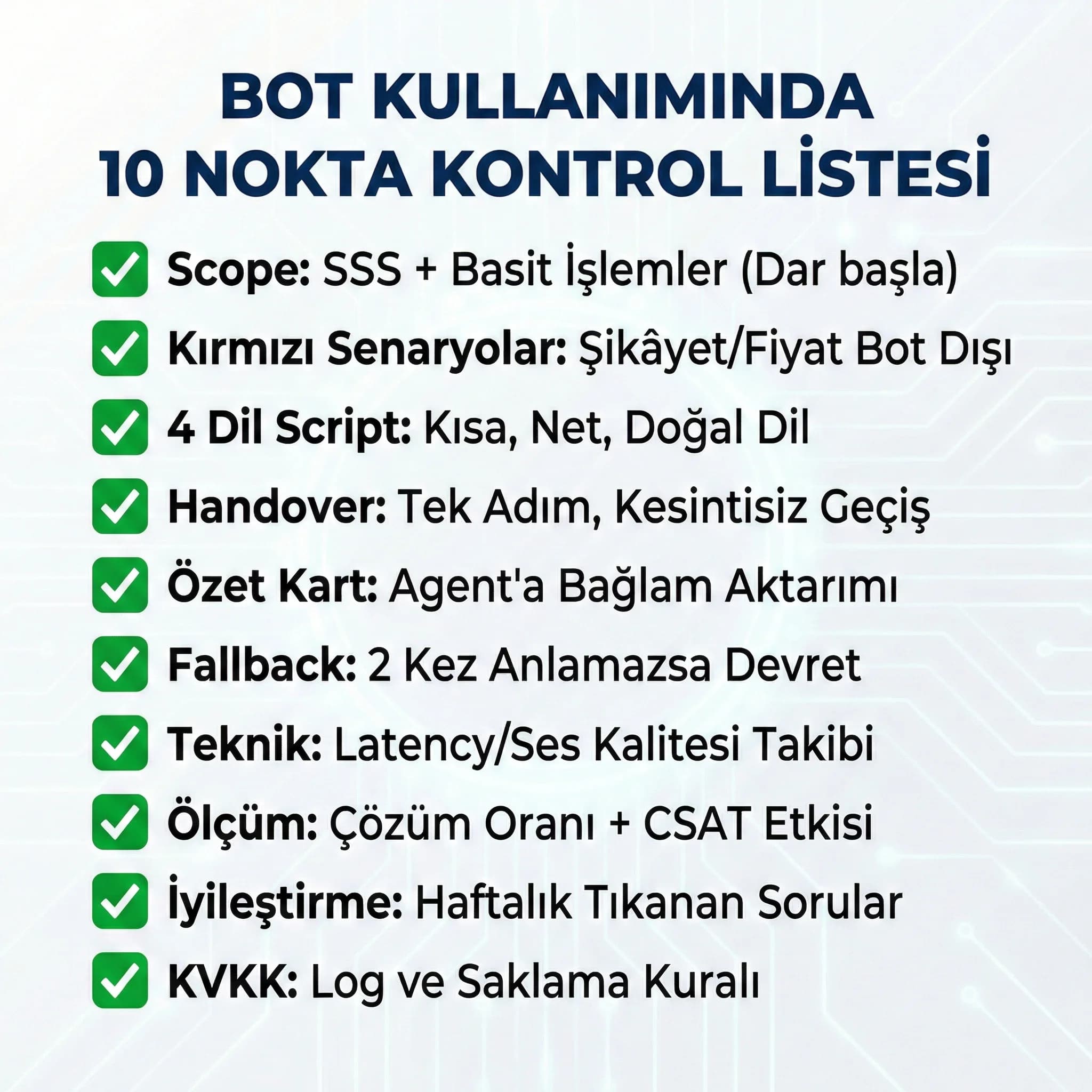 Bot kullanımı kontrol listesi, 4 dilde scope ve handover sınırları