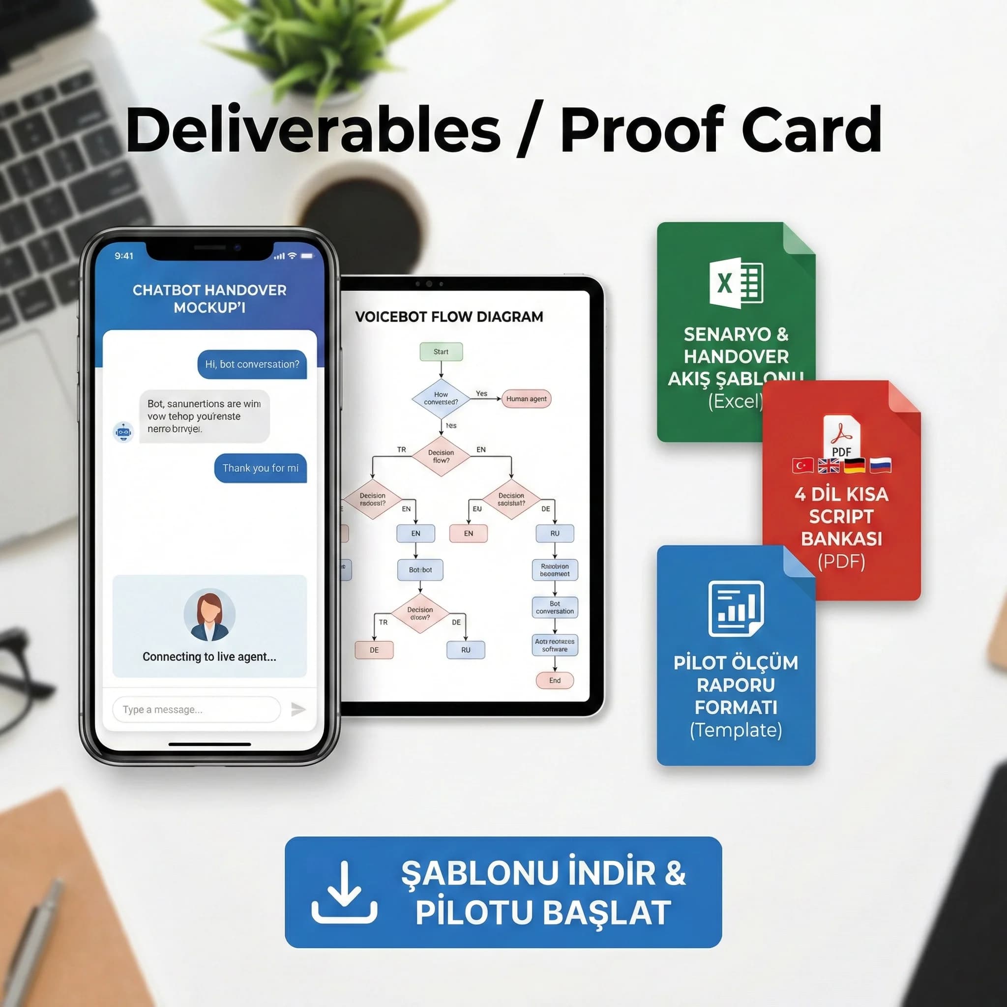 Chatbot/voicebot arayüz mockup’ları ve handover örneği, uygulama kanıt kartı