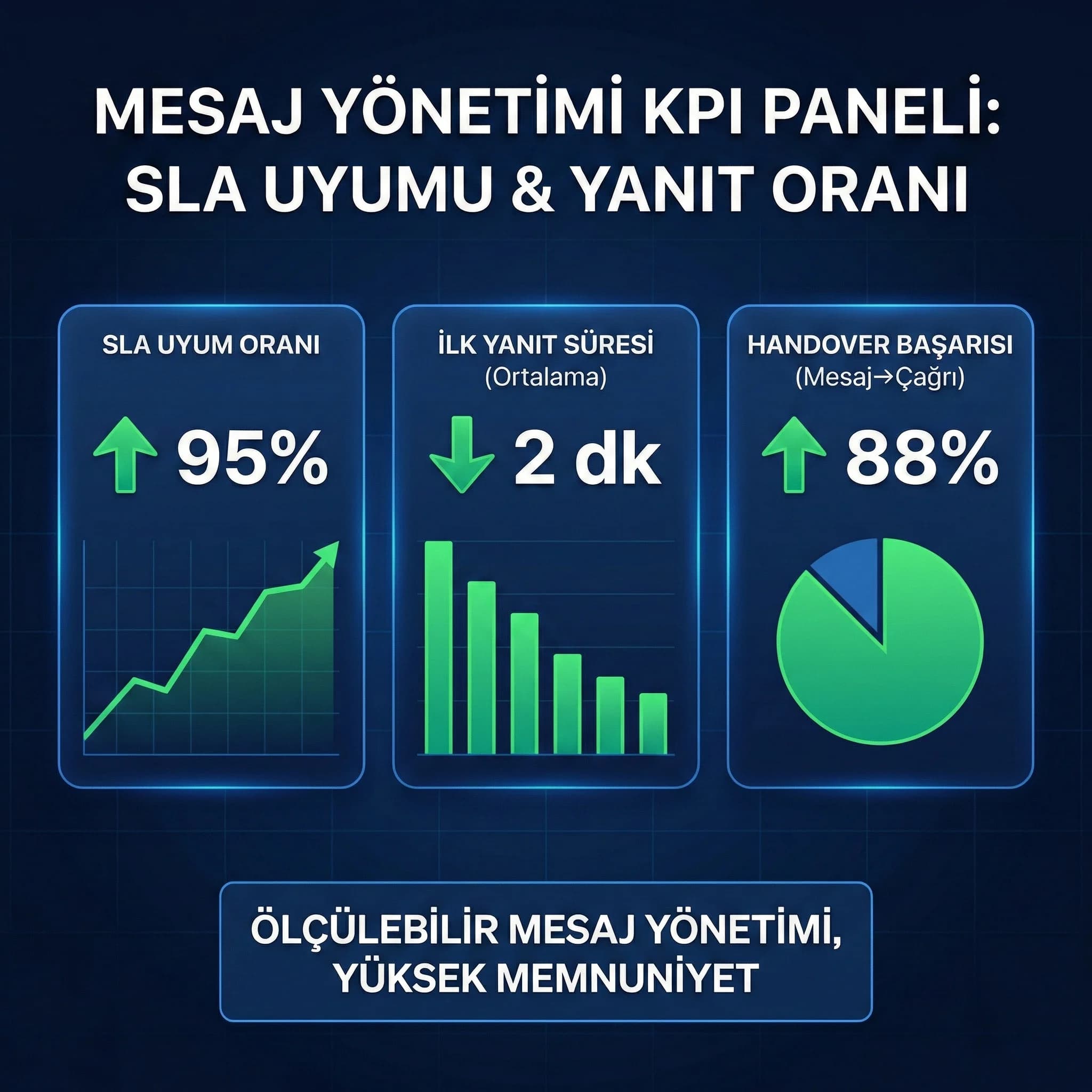 Mesaj SLA uyumu ve yanıt oranı KPI paneli, otel mesaj yönetimi için