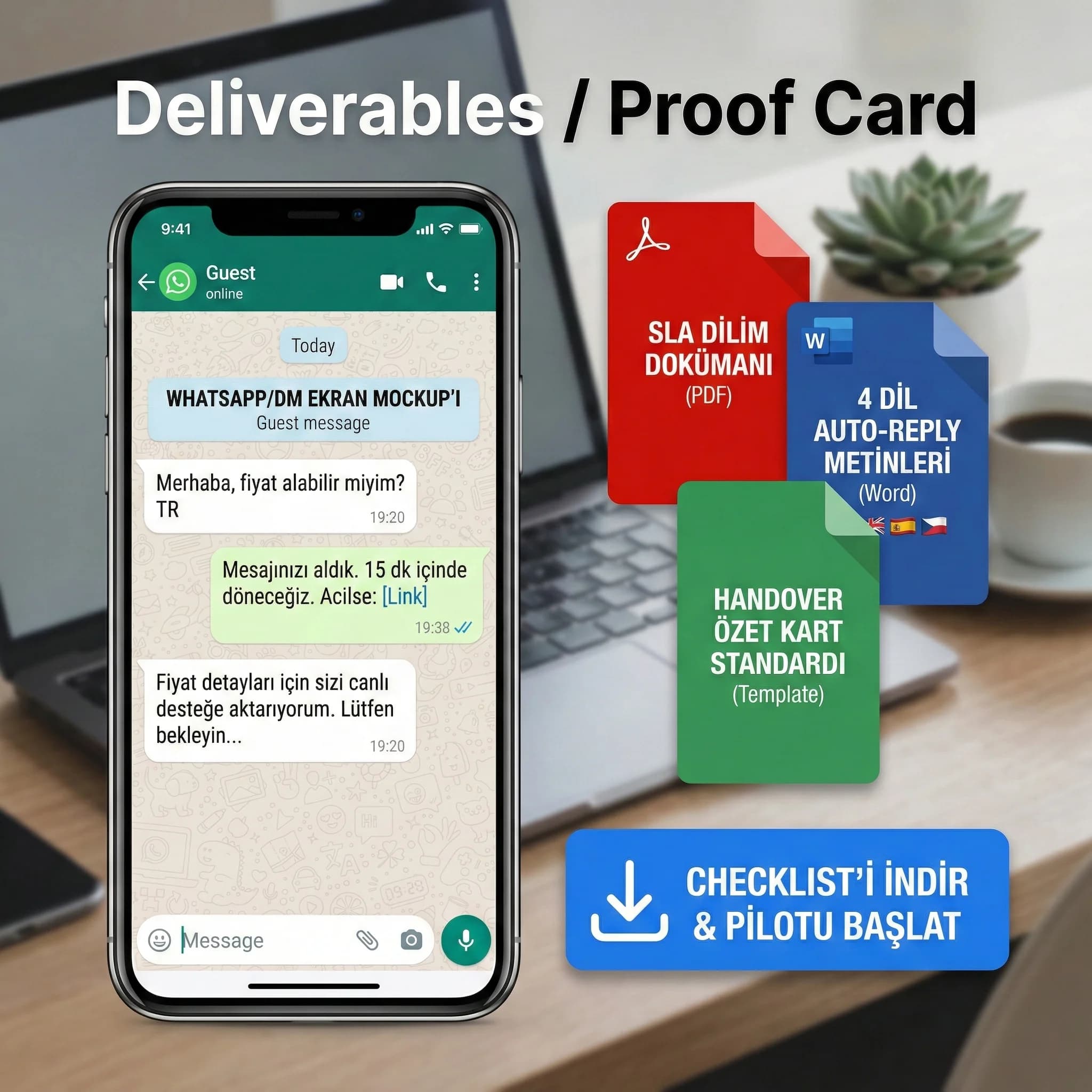 WhatsApp/DM mockup ve mesajdan çağrıya geçiş örneği, uygulama kanıt kartı