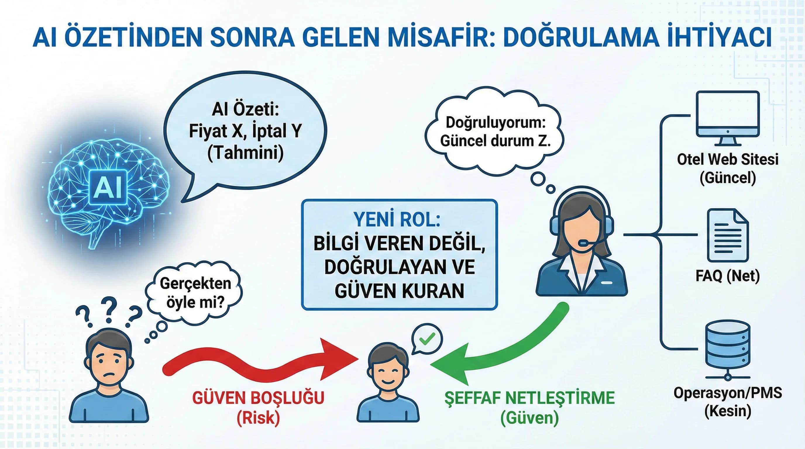AI özetinden sonra gelen misafirde doğrulama ihtiyacı, otel çağrı merkezi bağlam