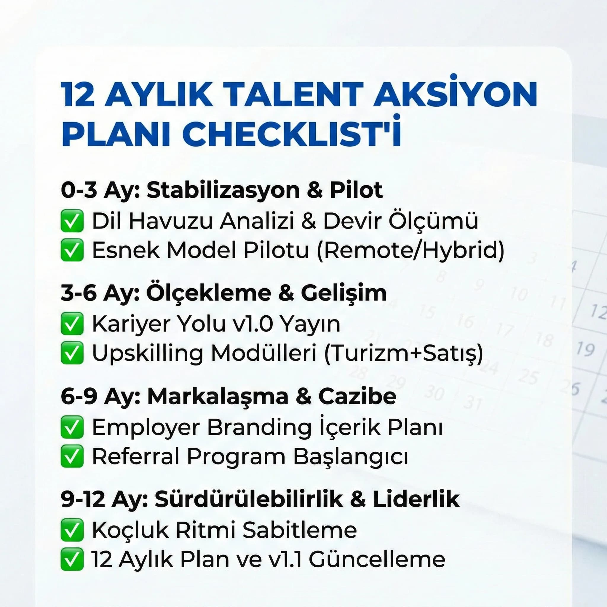 12 aylık talent aksiyon planı checklist’i, 4 dil çağrı merkezi için