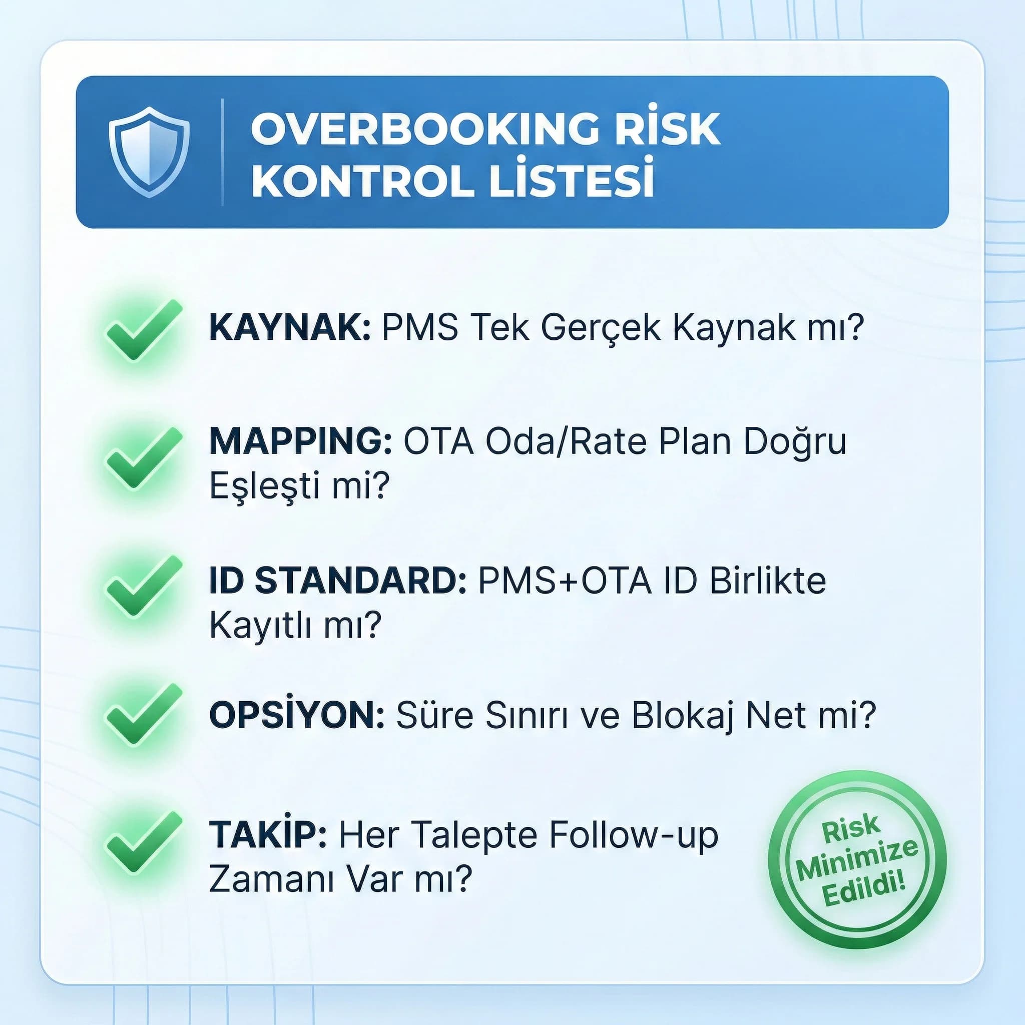 Overbooking risk kontrol listesi, otel rezervasyon sürecinde hızlı doğrulama sağlar
