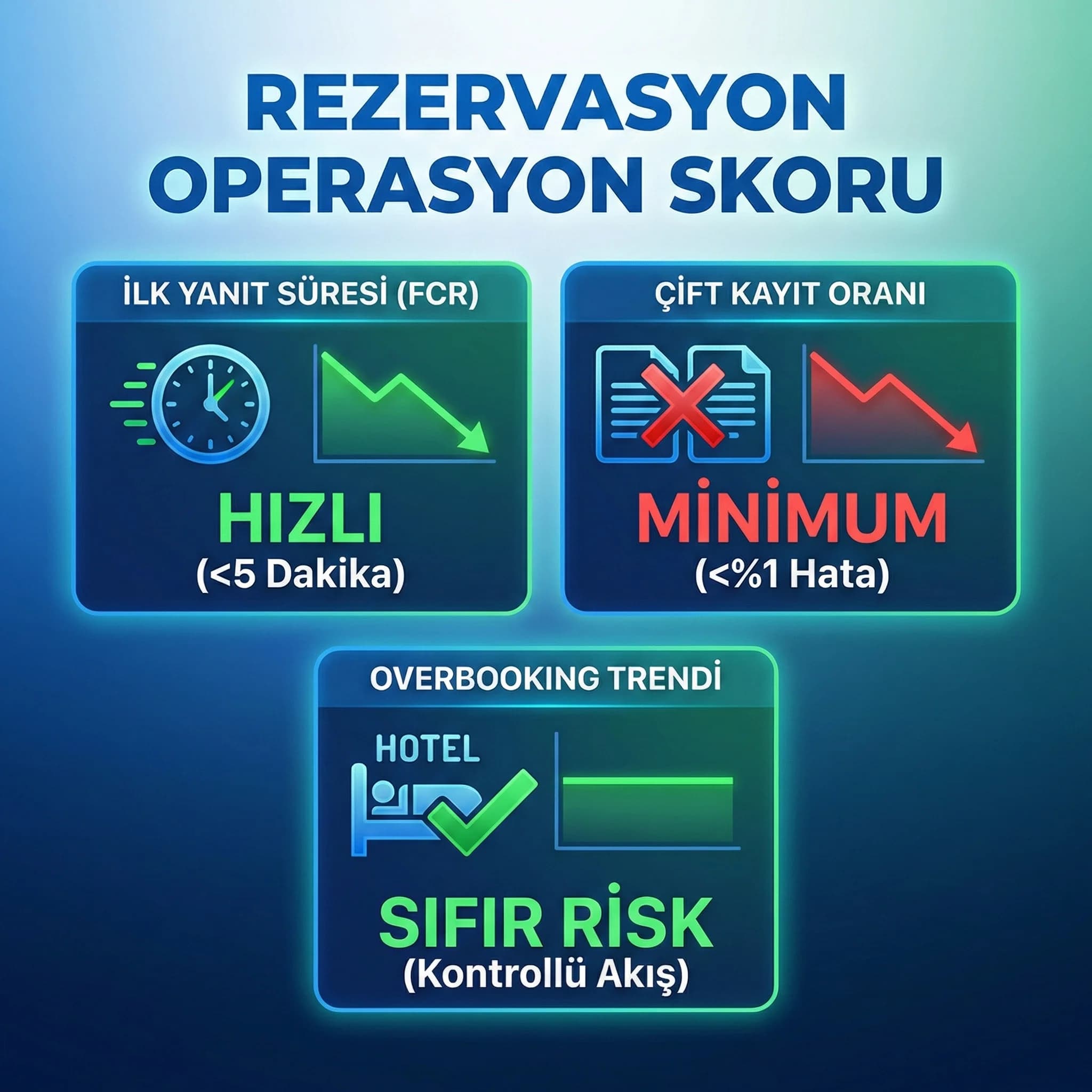 Yanıt süresi ve çift kayıt KPI paneli, otel yönetimi için performans görünümü